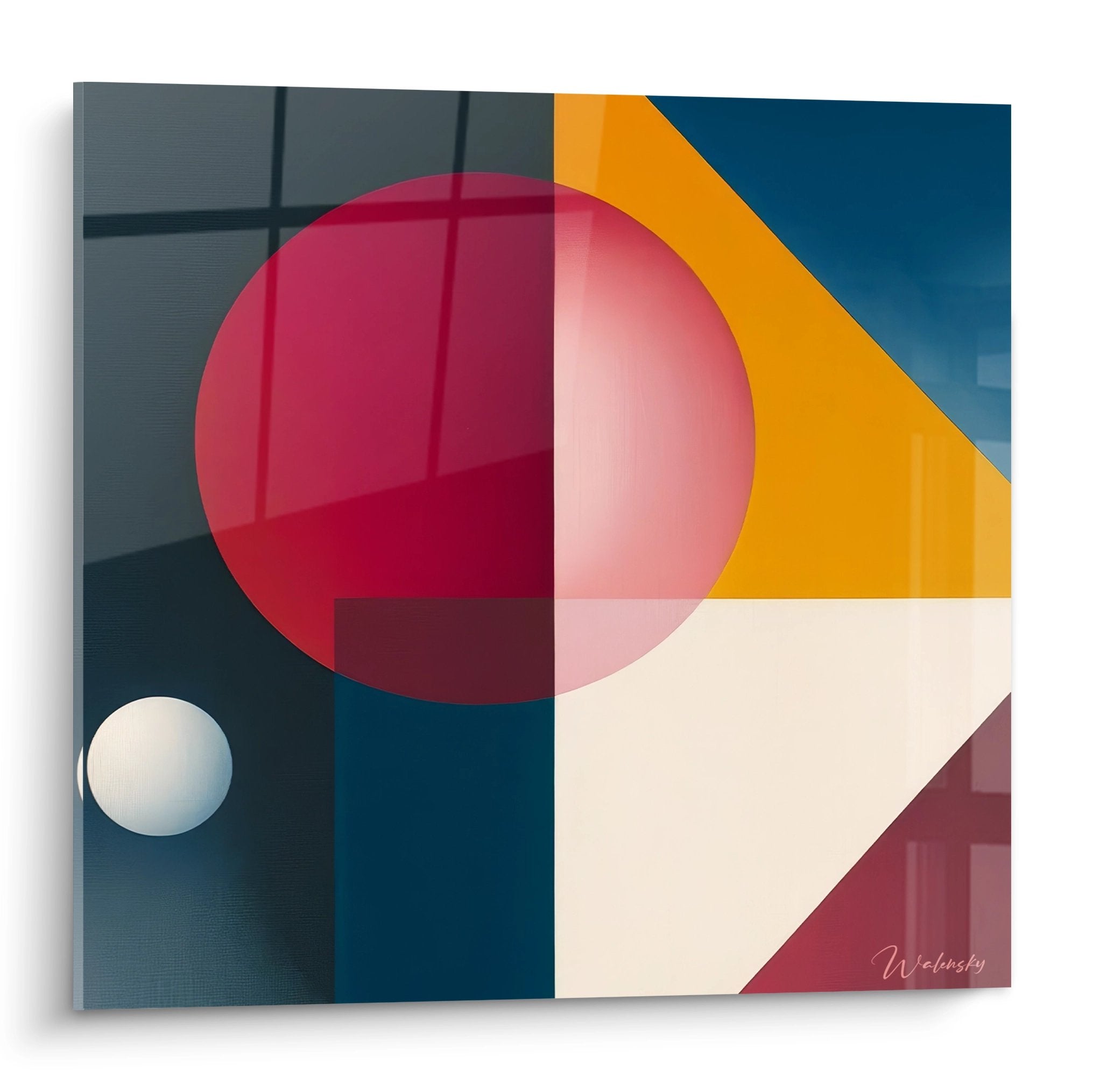 Tableau mural géométrique abstrait avec cercles colorés rouge et blanc sur fond segmenté multicolore