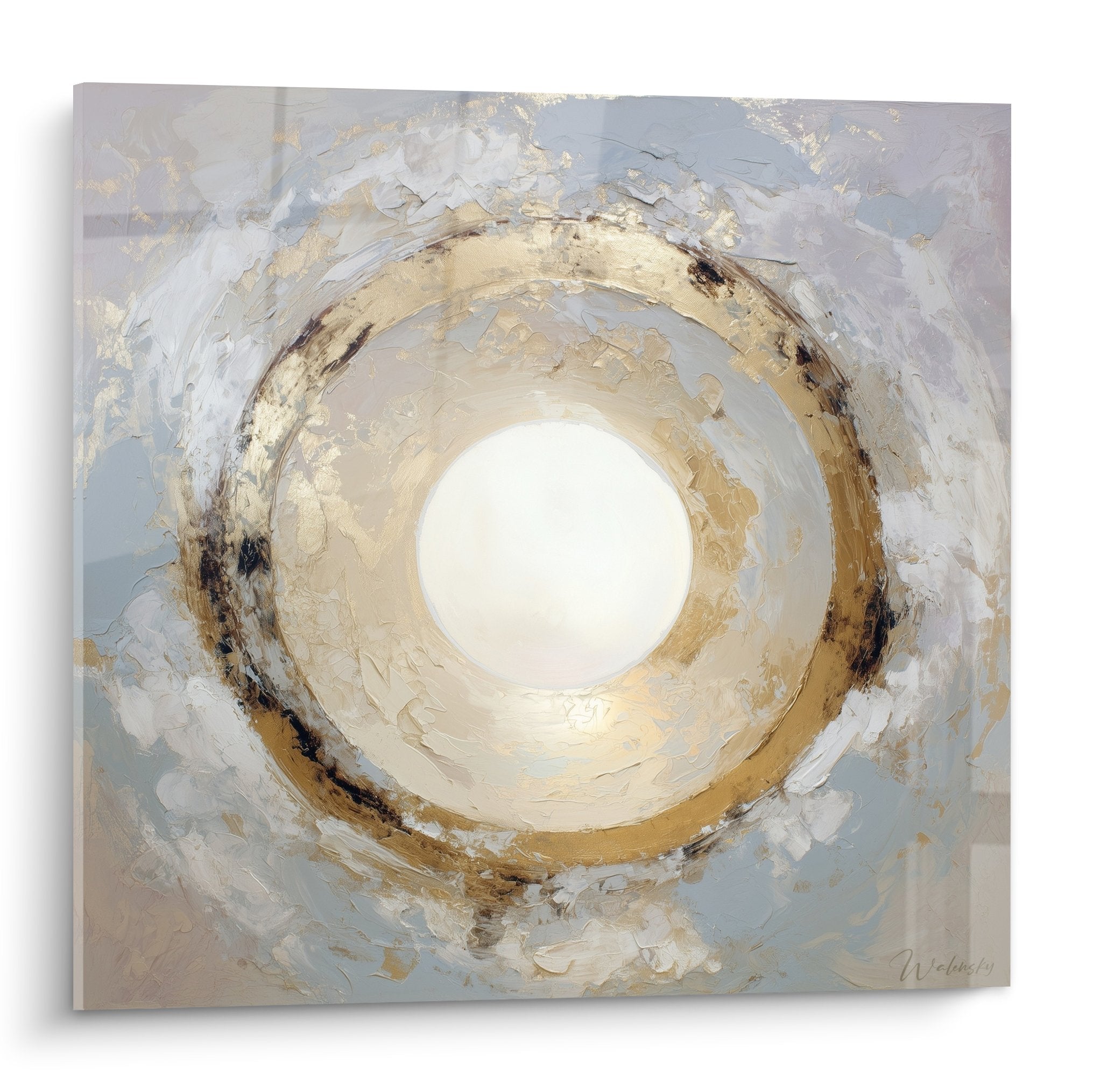 Tableau abstrait cercles concentriques beige bleu gris feng shui ouest metal zen meditation spirale douce