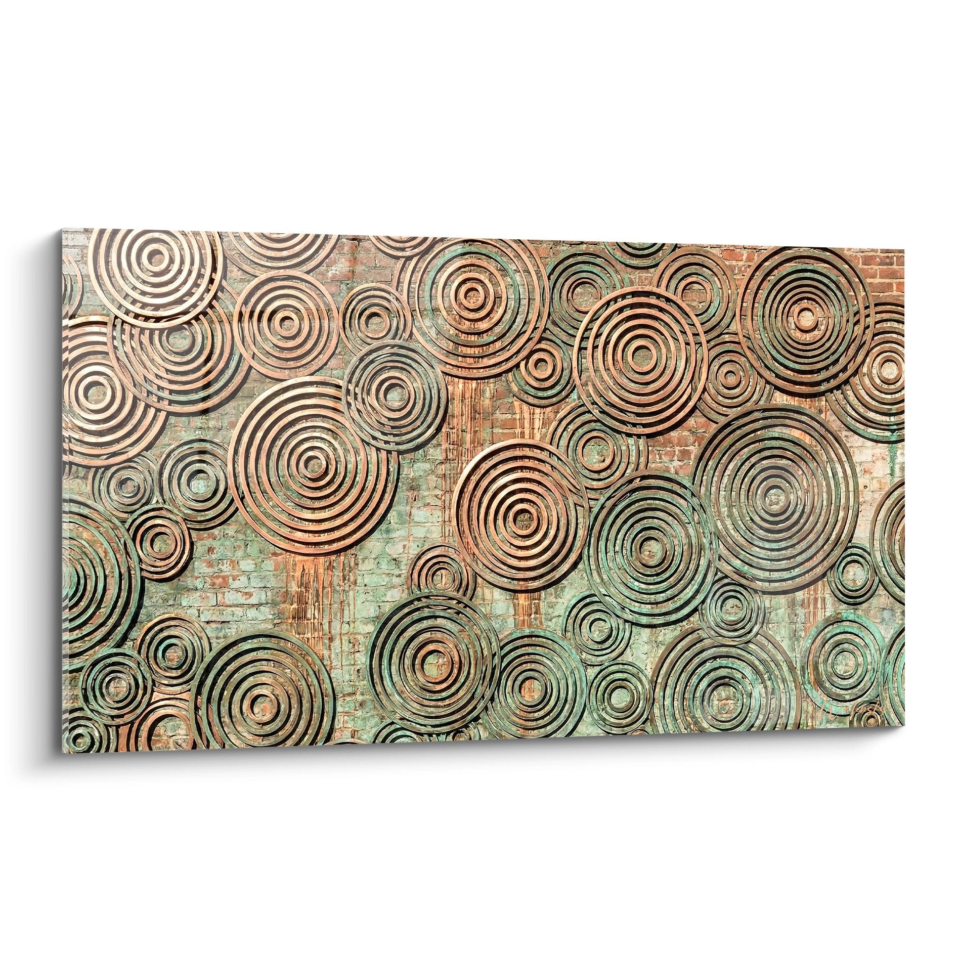 Tableau cercles concentriques cuivre vert patine sur fond brique street art geometrique spirales urbaines