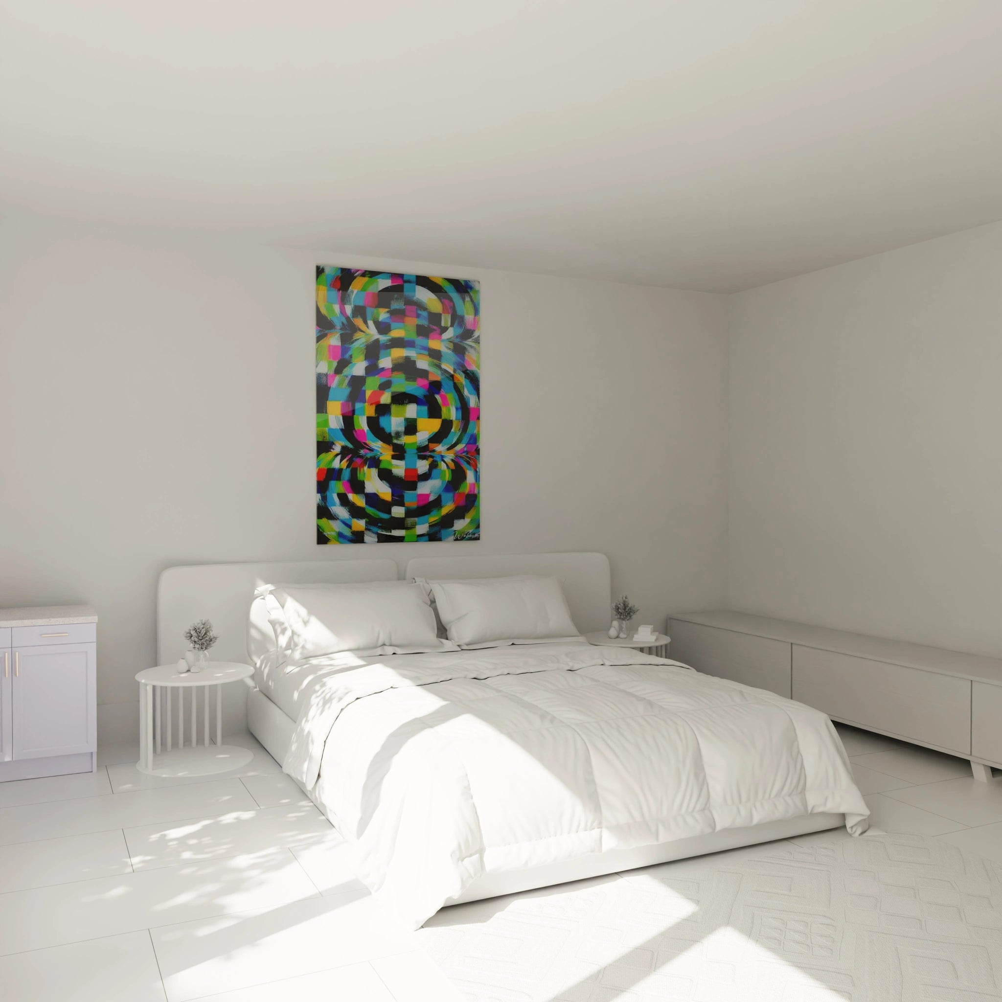 tableau op art design moderne Walensky au dessus d'un lit blanc minimaliste dans une chambre lumineuse