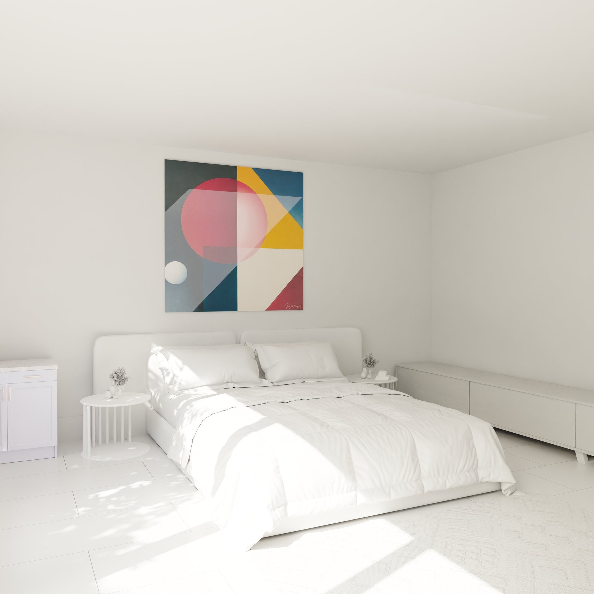 Tableau cercles géométriques colorés dans ambiance chambre moderne avec décoration contemporaine