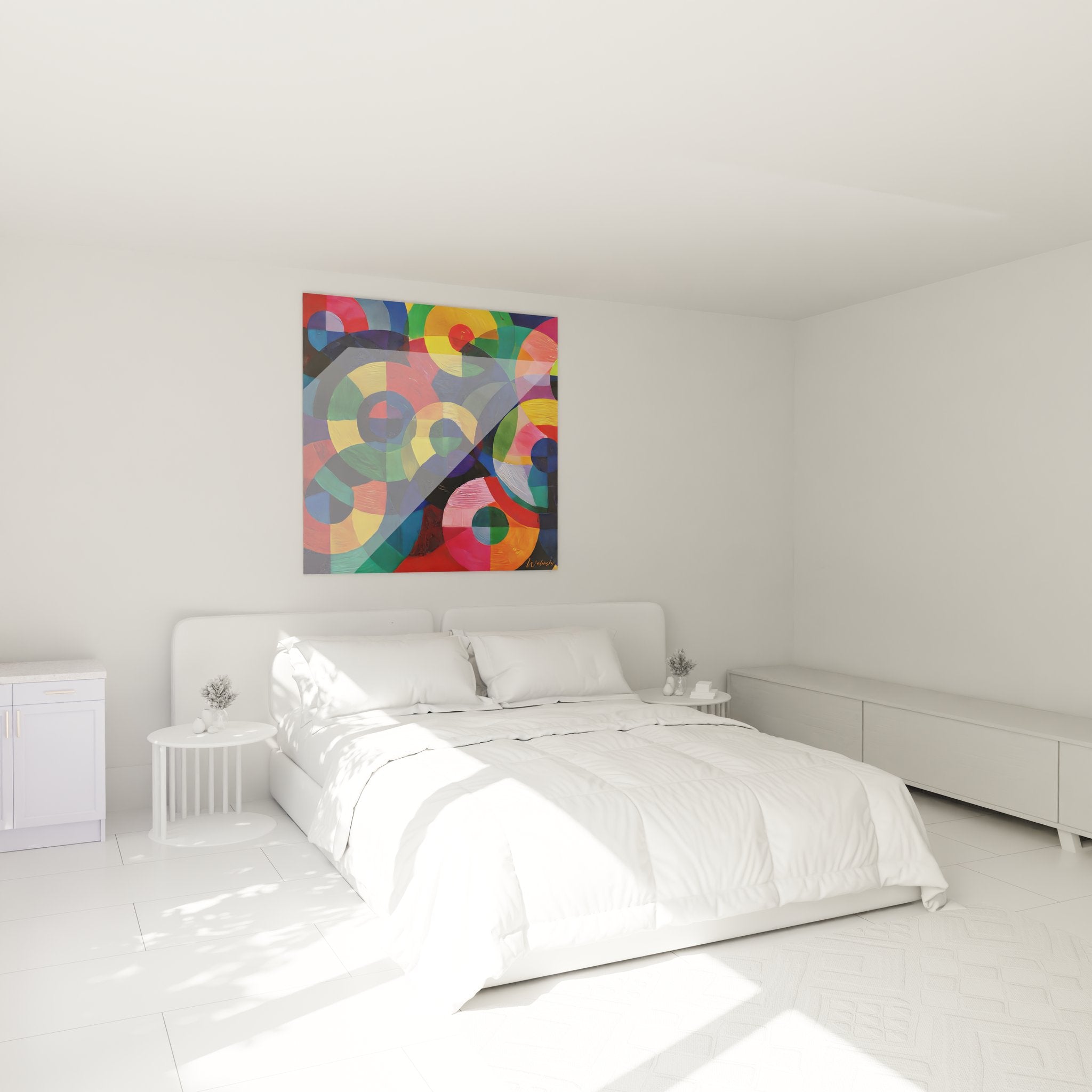 Tableau mural cercles géométriques colorés dans chambre moderne décoration intérieure contemporaine