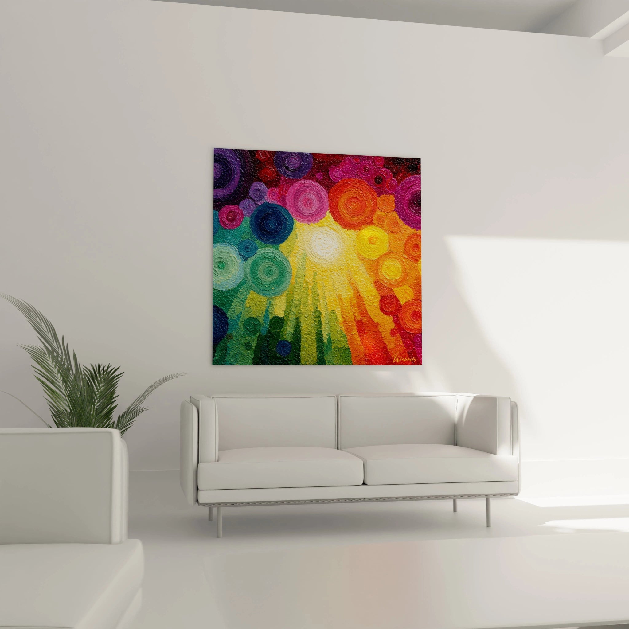 Tableau mural Walensky toile carrée montrant soldats dans la brume au crépuscule décor salon tableau cercles spectre coloré