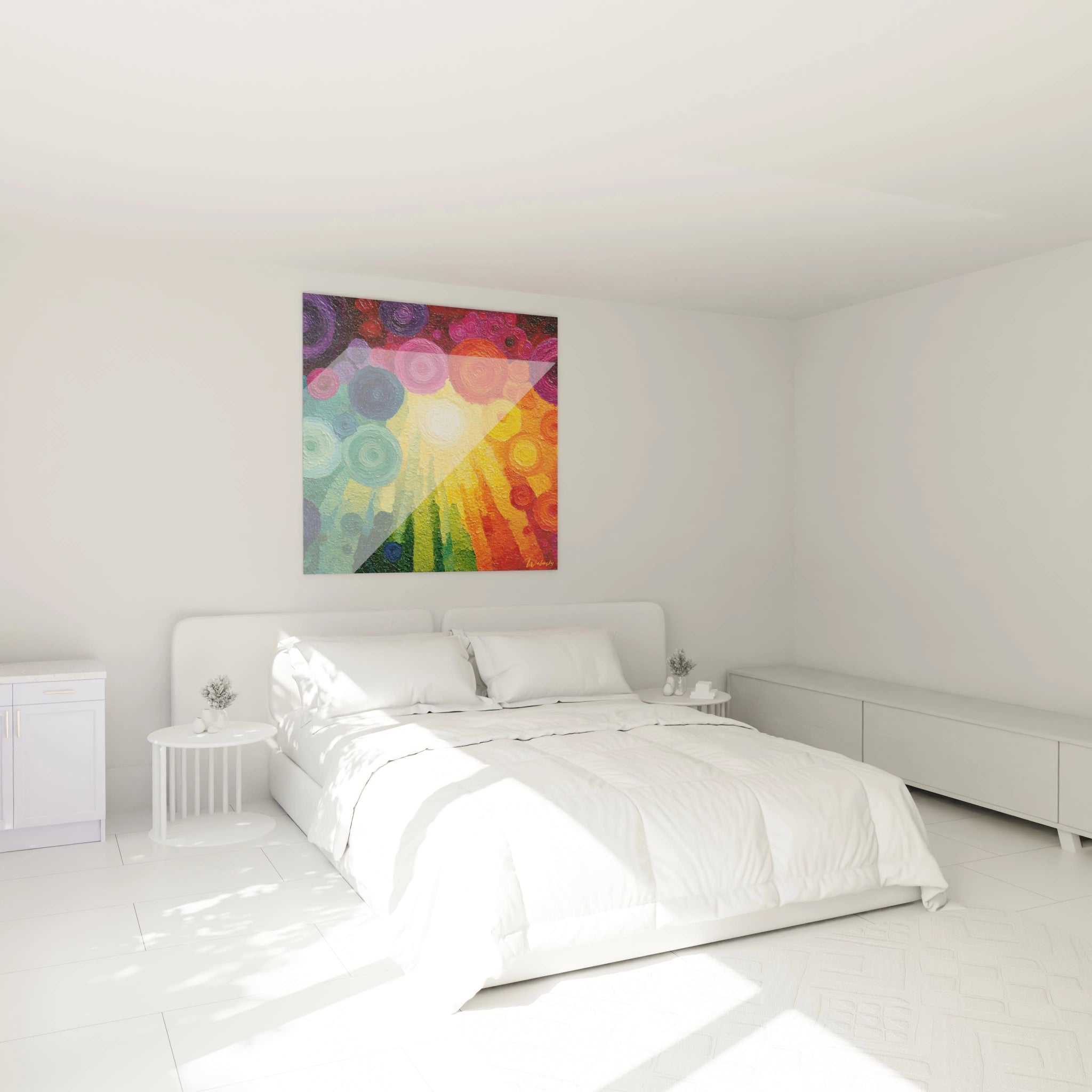 Tableau mural Walensky tableau cercles spectre coloré accroché au dessus d un lit blanc dans chambre minimaliste