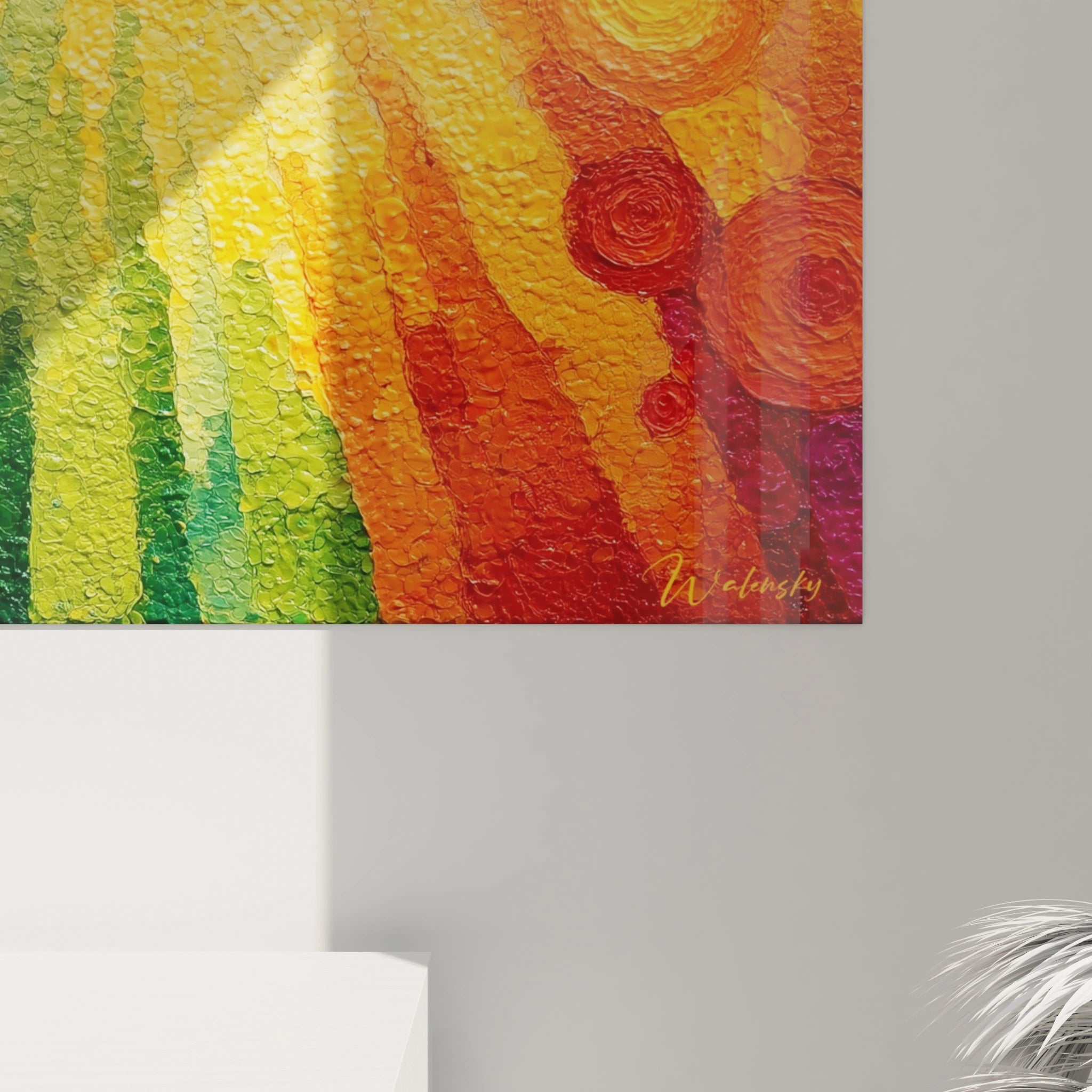 Walensky tableau cercles spectre coloré mural abstrait noir marbré avec veines dorées et signature