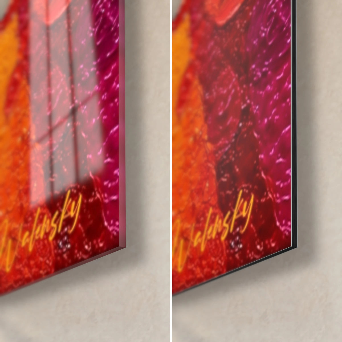 Tableau cercles pointillistes magenta et rouge, coin bas droit : verre brillant à reflets, Dibond mat, tranche de 3 mm