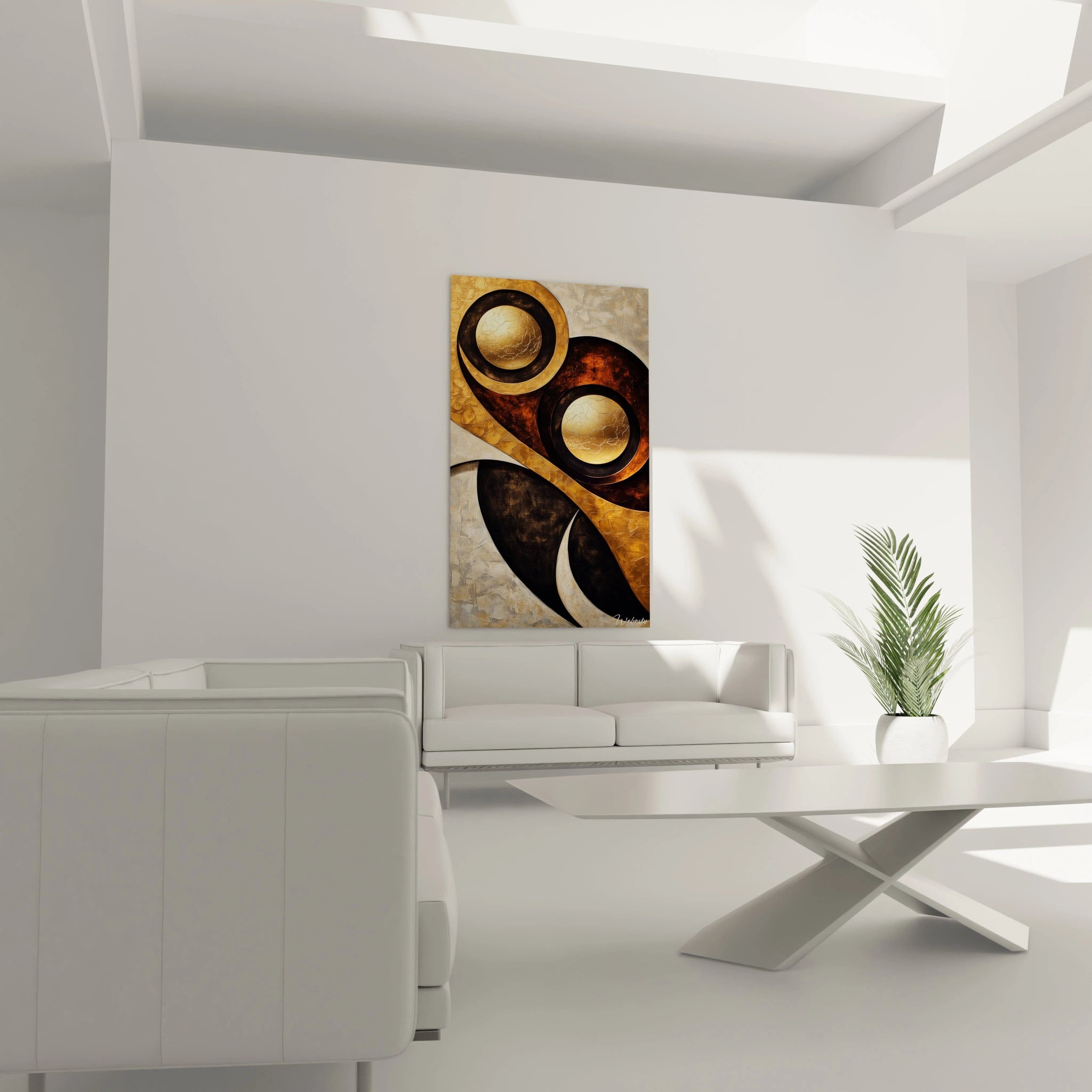 Tableau africain mural Walensky avec design abstrait aux tons noirs, bruns et dorés dans un salon moderne