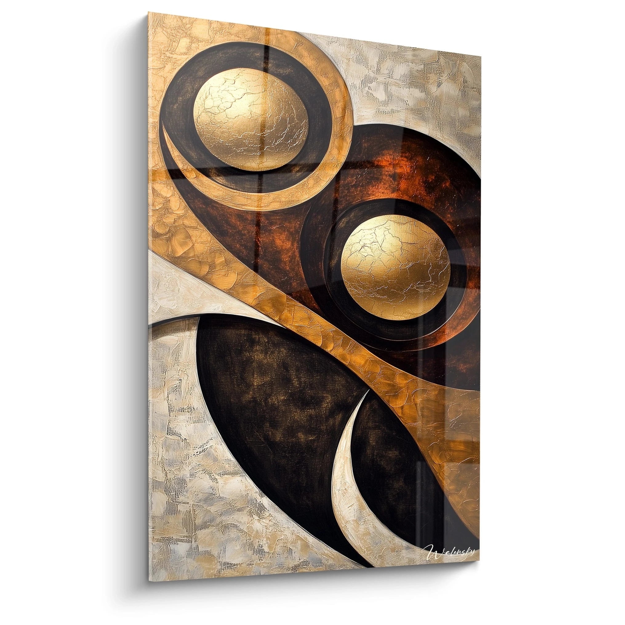 Tableau africain mural abstrait Walensky avec motifs circulaires dorés et bruns sur fond beige texturé