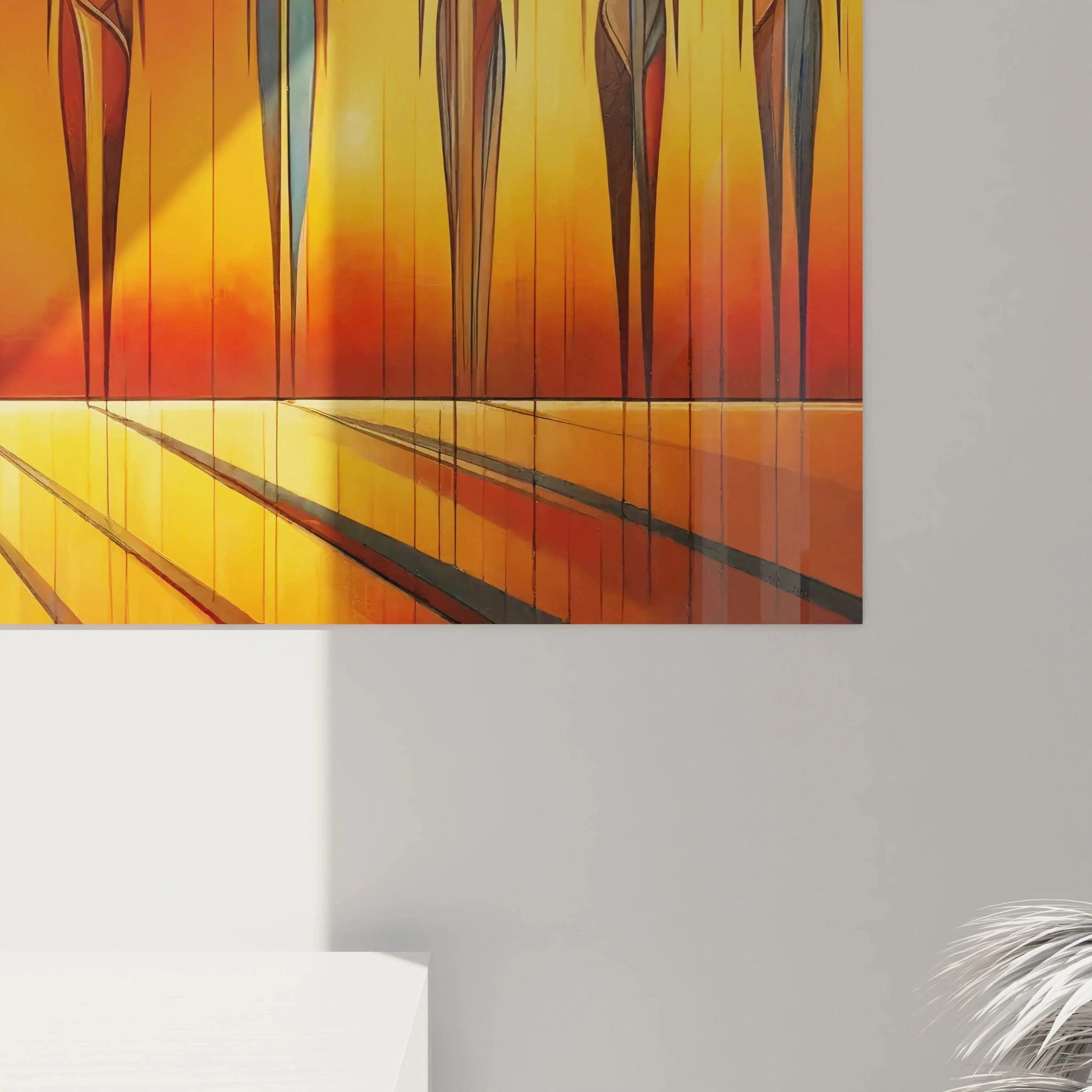 Vue rapprochée du tableau africain, ses cercles solaires et silhouettes stylisées sont magnifiés. Les teintes chaudes de rouge et d’orange évoquent l’harmonie et la spiritualité.