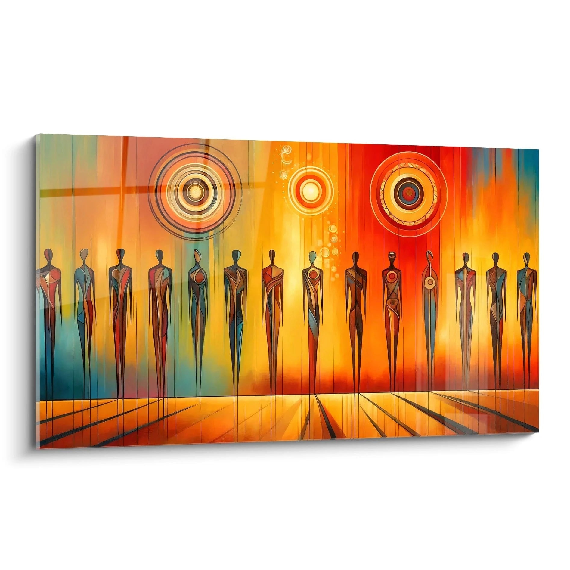 Ce tableau africain, vu de biais, révèle ses silhouettes élancées et ses cercles lumineux en arrière-plan. Les teintes vives d’orange et de rouge apportent une énergie vibrante à l’œuvre.