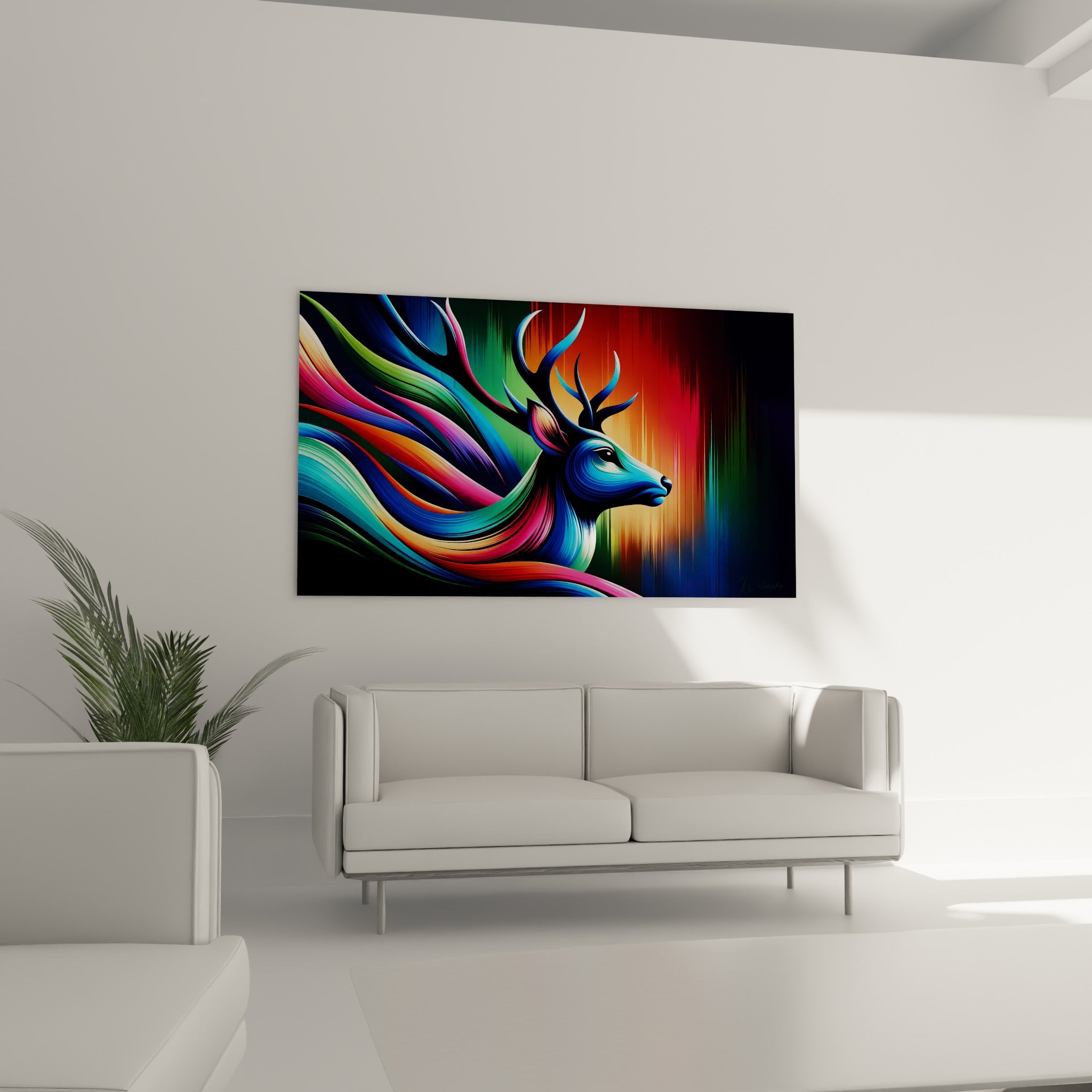 Crinière arc-en-ciel du cerf bleu et orange déployée, disposée au-dessus d'un canapé dans un salon lumineux