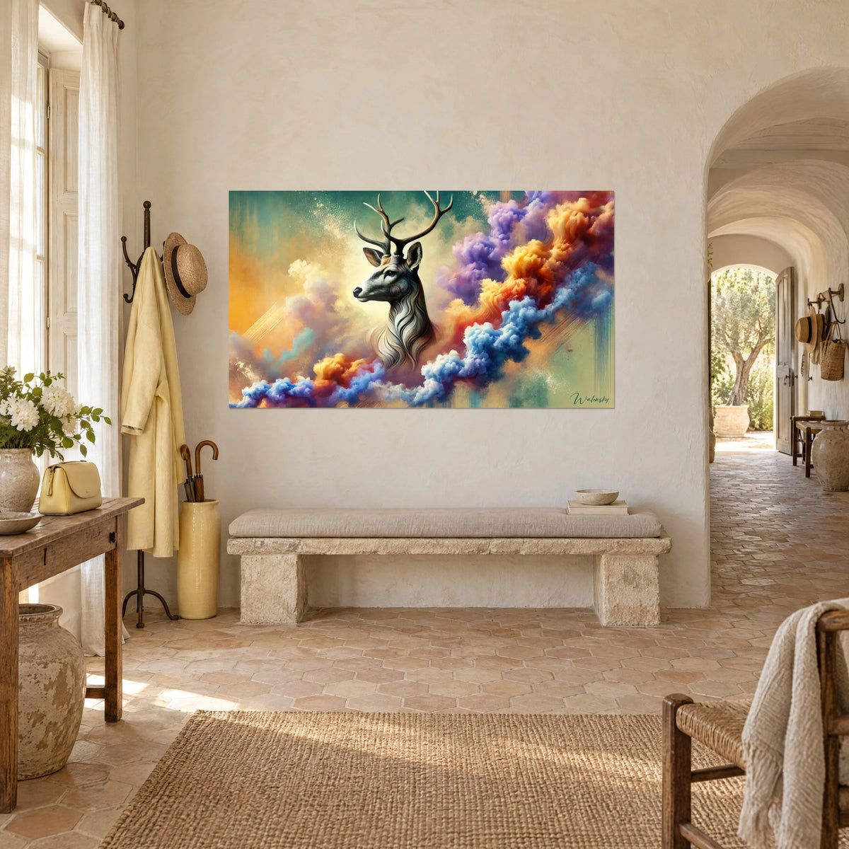 Wall art portrait of a deer in profile surrounded by sky-blue and saffron clouds, above a stone bench