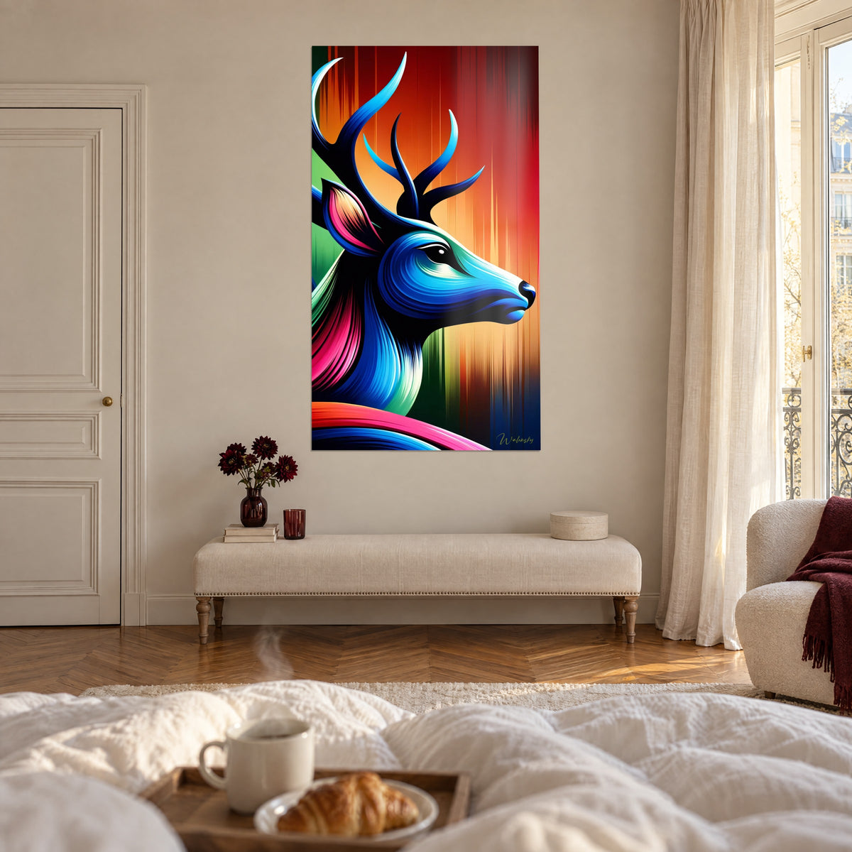 Tableau profil de cerf bleu électrique, oreille rose et bois cobalt sur rayures orange et rouge, au-dessus d'un lit dans une chambre claire