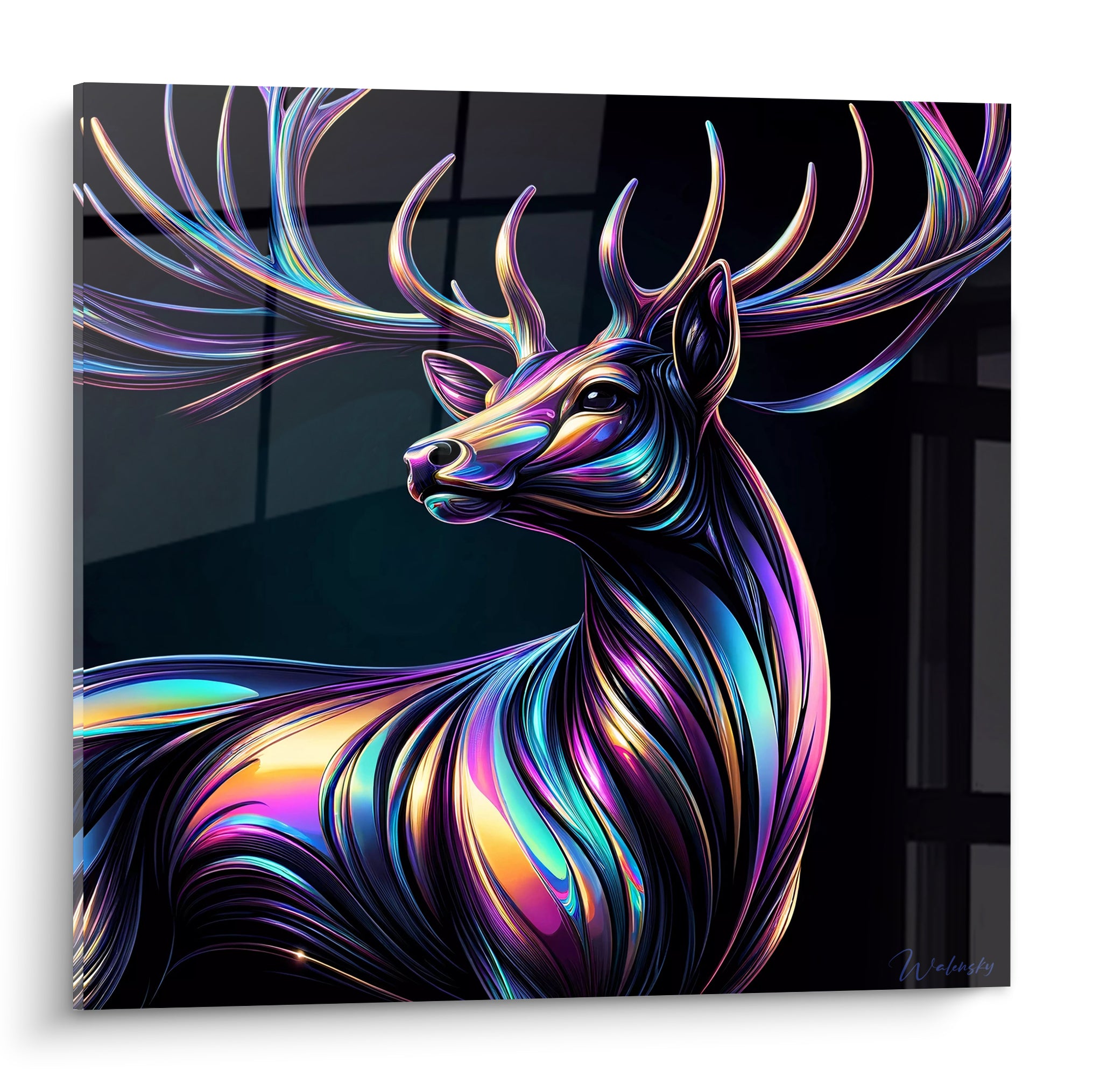 Cerf holographique violet et turquoise en profil sur fond noir profond intense