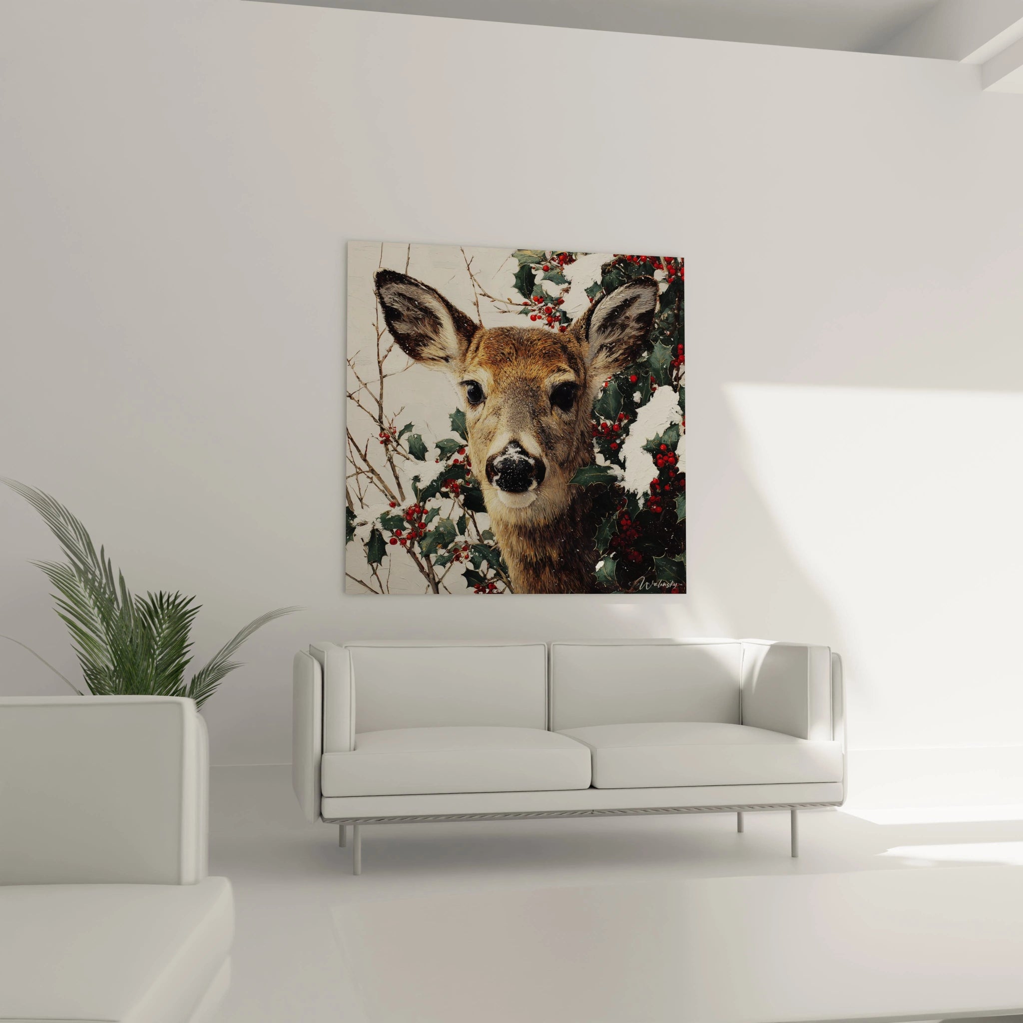 Tableau cerf Noël de Walensky avec un cerf mignon devant des baies rouges sur fond clair