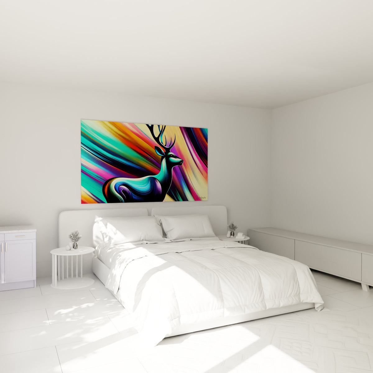 Silhouette d'un cerf multicolore aux teintes fuchsia et émeraude, au-dessus d'un lit dans une chambre claire