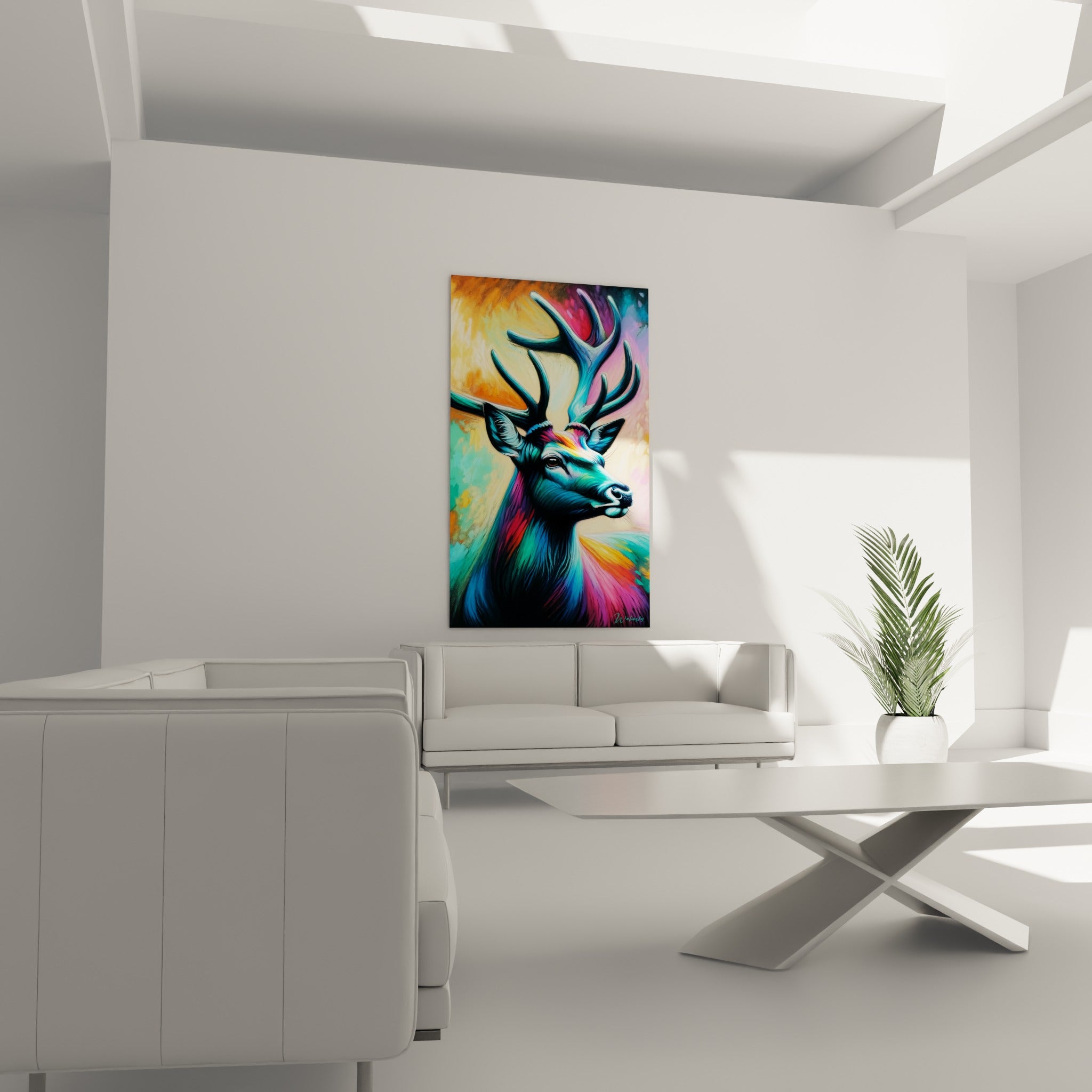 Museau détaillé et cou orangé du cerf coloré placés au-dessus d'un canapé dans un salon lumineux