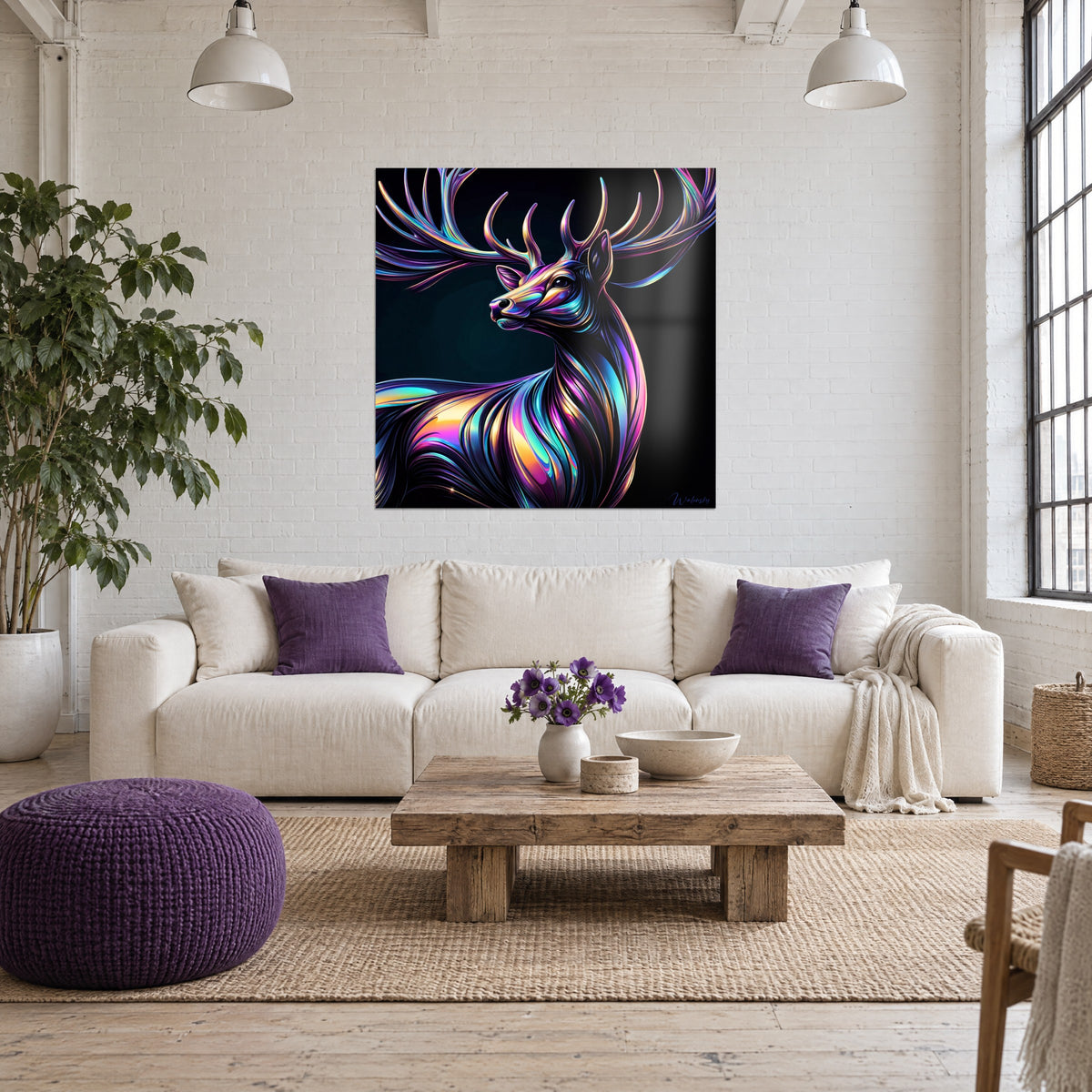 Tableau cerf irisé aux bois violets et turquoise sur fond noir, accroché au-dessus d'un canapé dans un salon lumineux