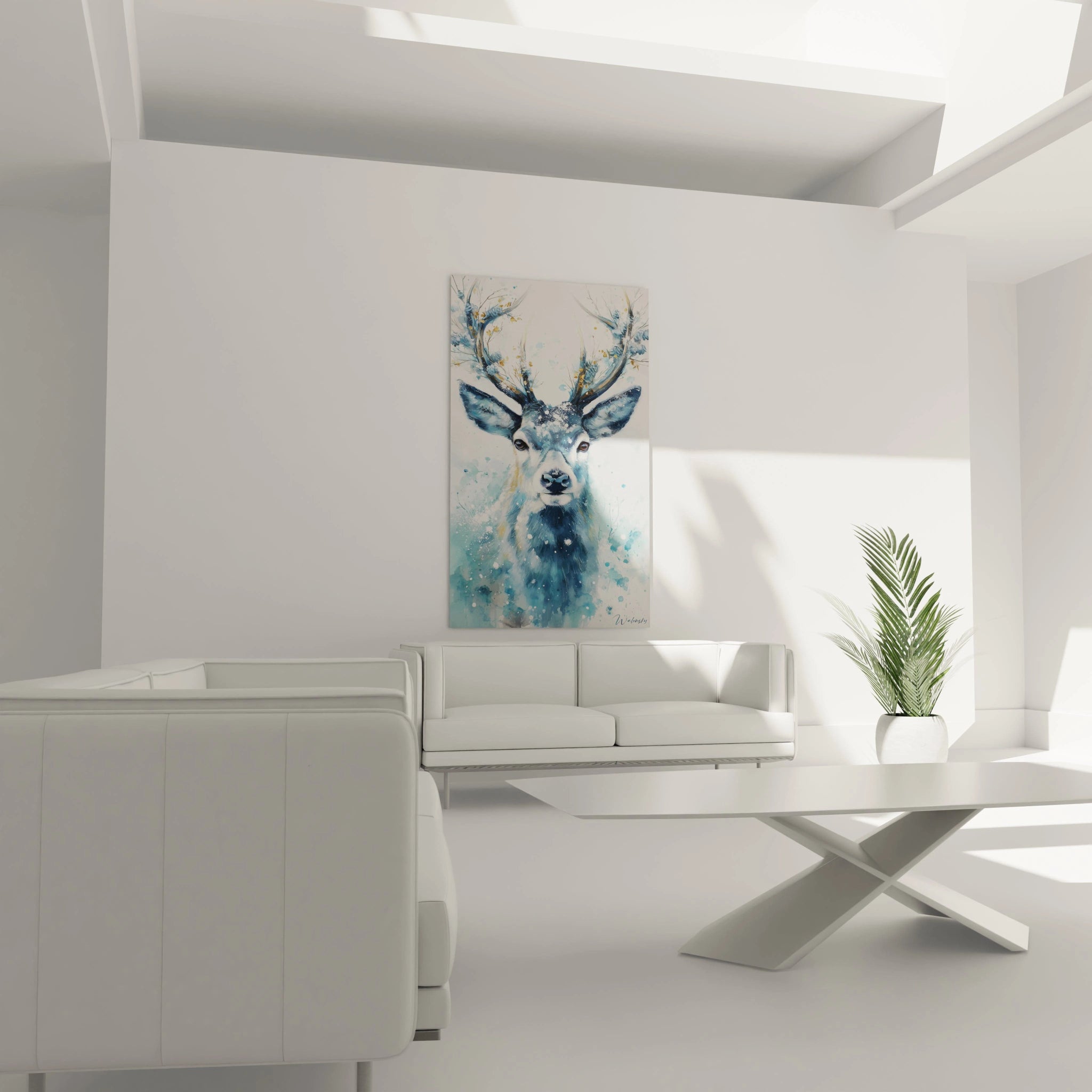 Tableau cerf décoration murale moderne avec un cerf aquarelle sur fond clair