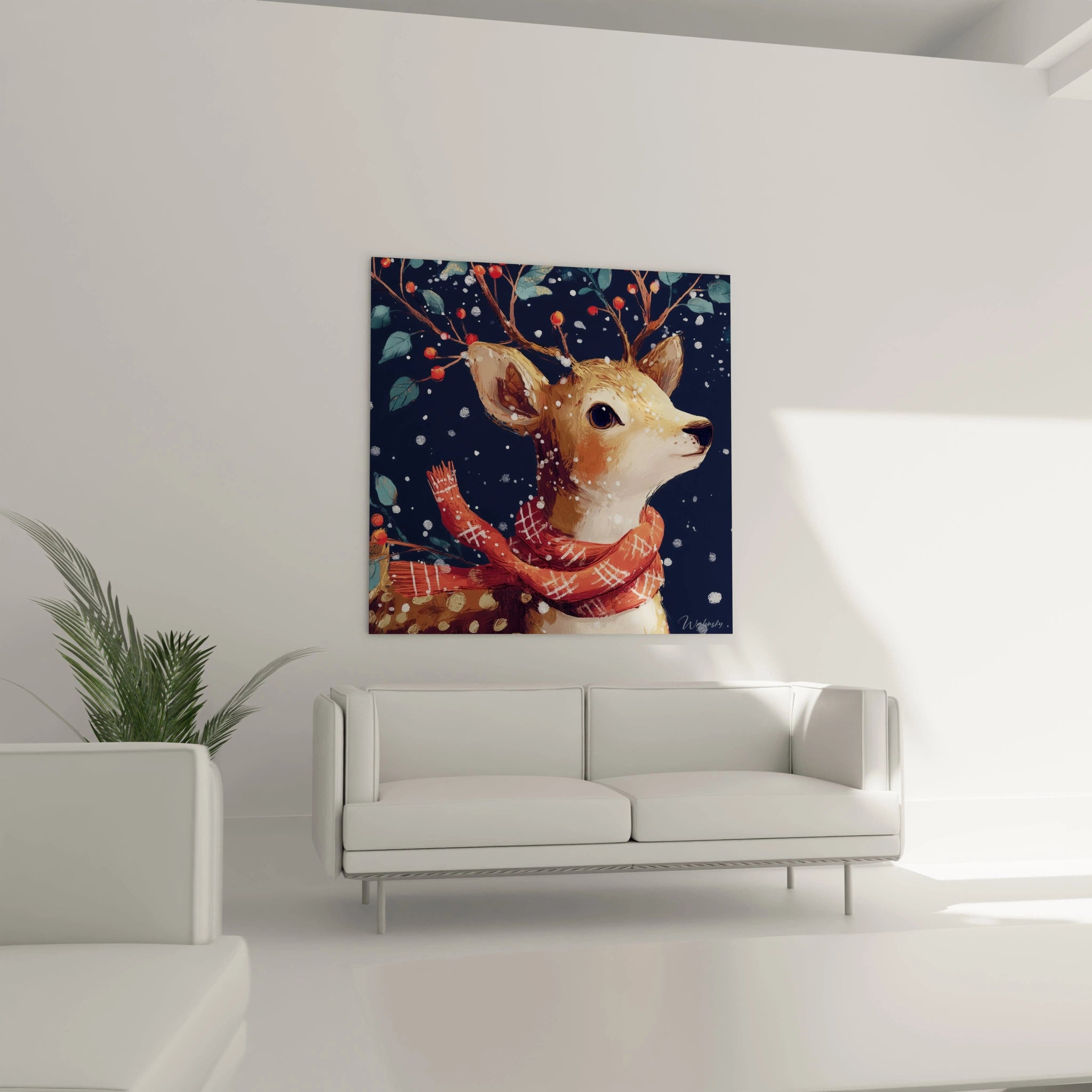 Tableau cerf de Noël décoratif avec un cerf portant une écharpe dans un salon moderne