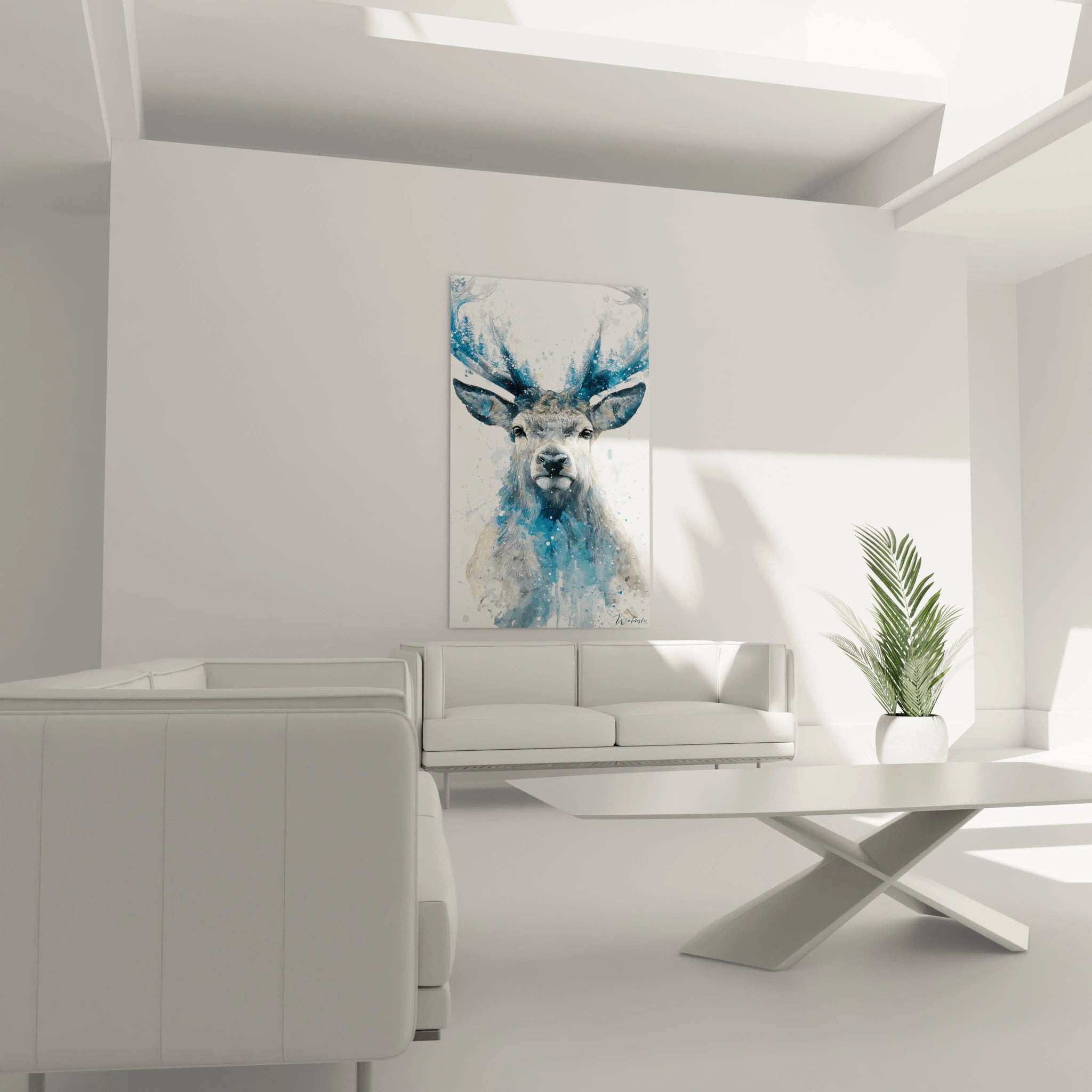 Tableau cerf noel coloré avec fruits et feuilles sur fond bleu décorant un salon moderne