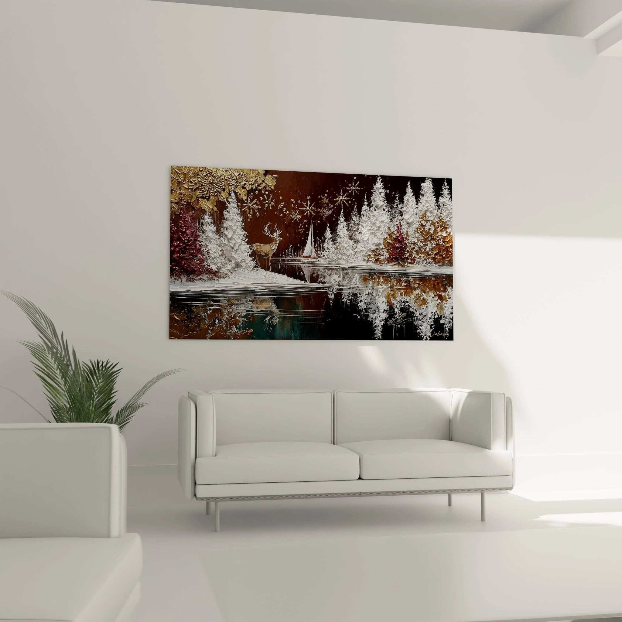 Tableau cerf Noël avec un paysage hivernal et des arbres enneigés, idéal pour décorer votre intérieur