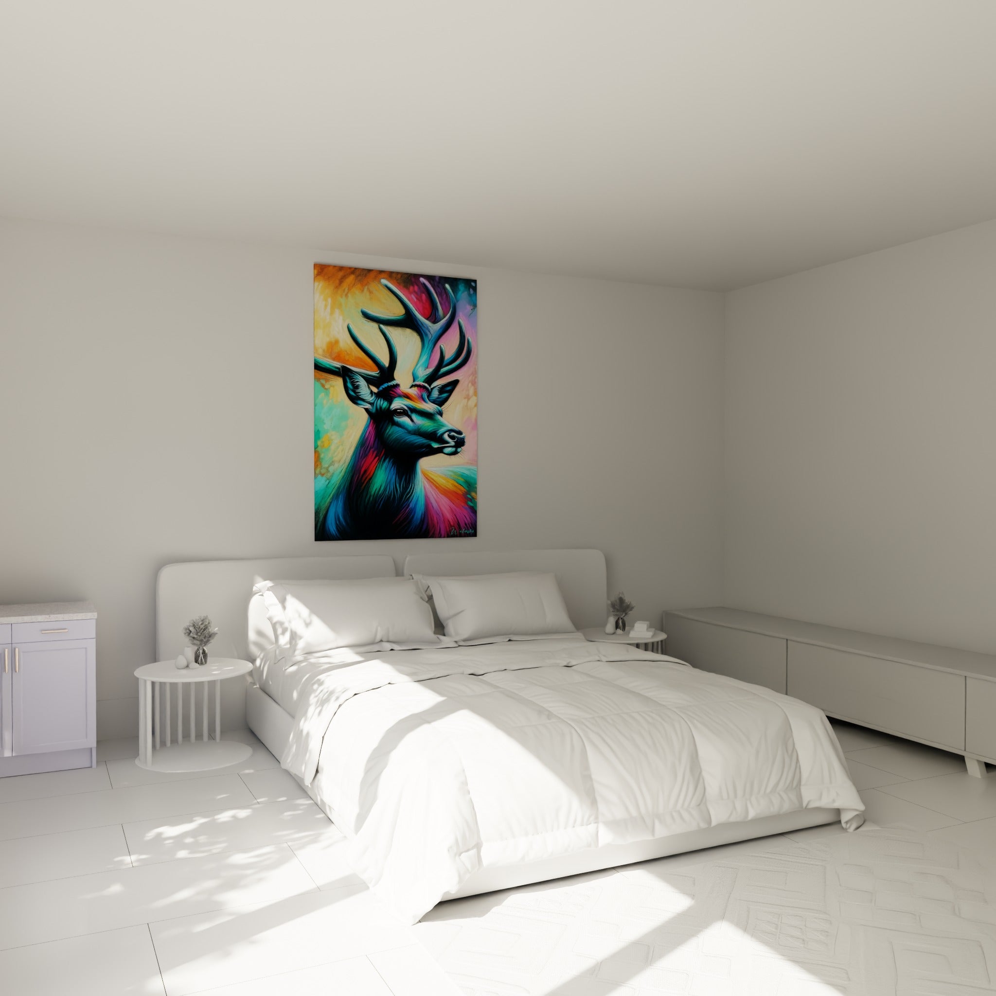 Ramure turquoise et pelage bleu électrique du cerf trônant au-dessus d'un lit dans une chambre claire