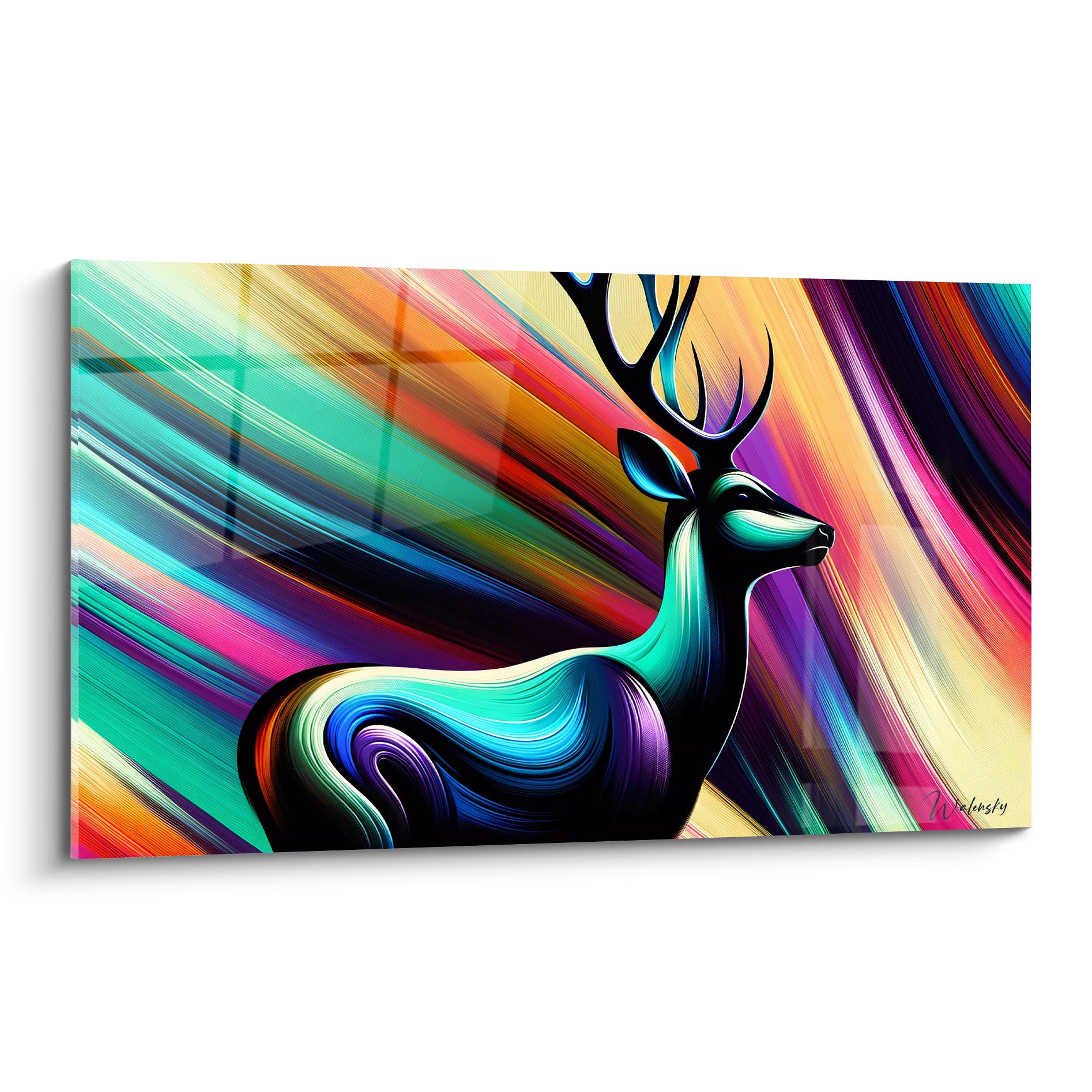 Cerf turquoise et violet à la silhouette noire, traversé de traits colorés fluides
