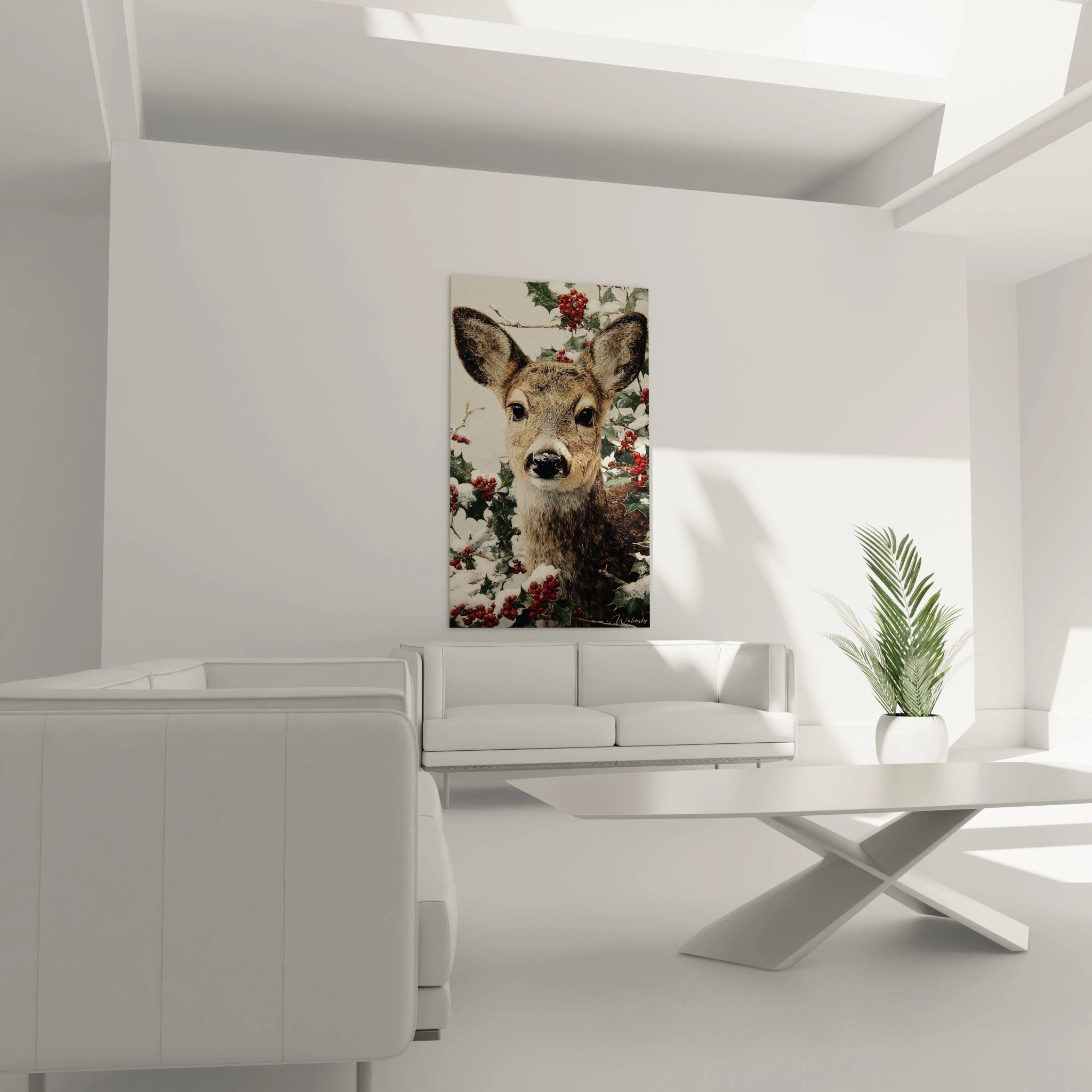 Tableau cerf de Noël sur un mur avec des décorations de baies rouges dans un espace moderne