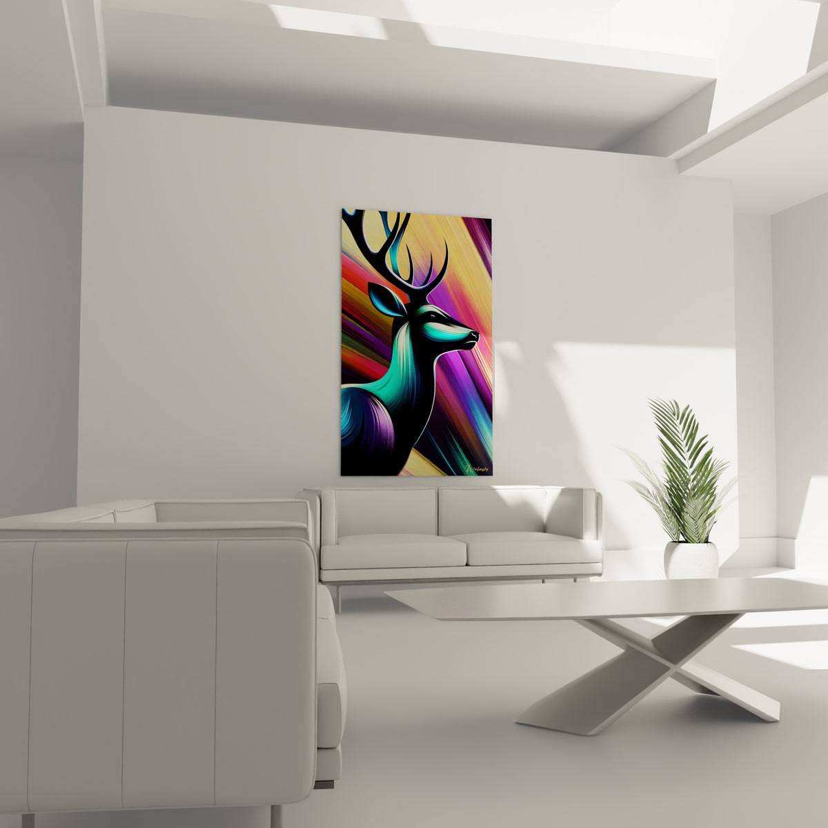 Profil du cerf aux teintes violettes et turquoise, cornes noires détaillées, au-dessus d'un canapé dans un salon lumineux