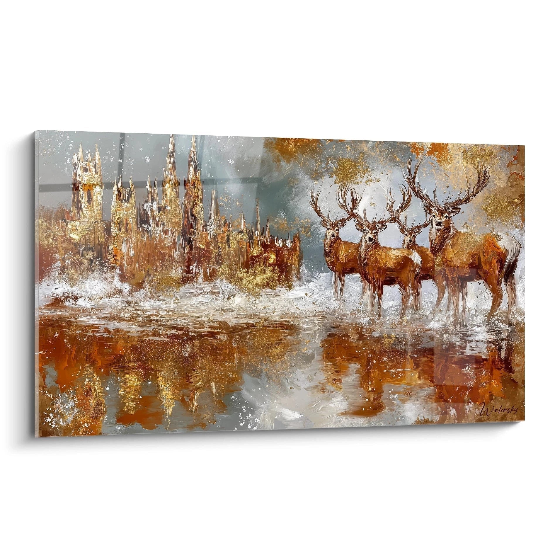 Tableau mural cerfs noble édition Noël avec paysage d'hiver et éclats dorés