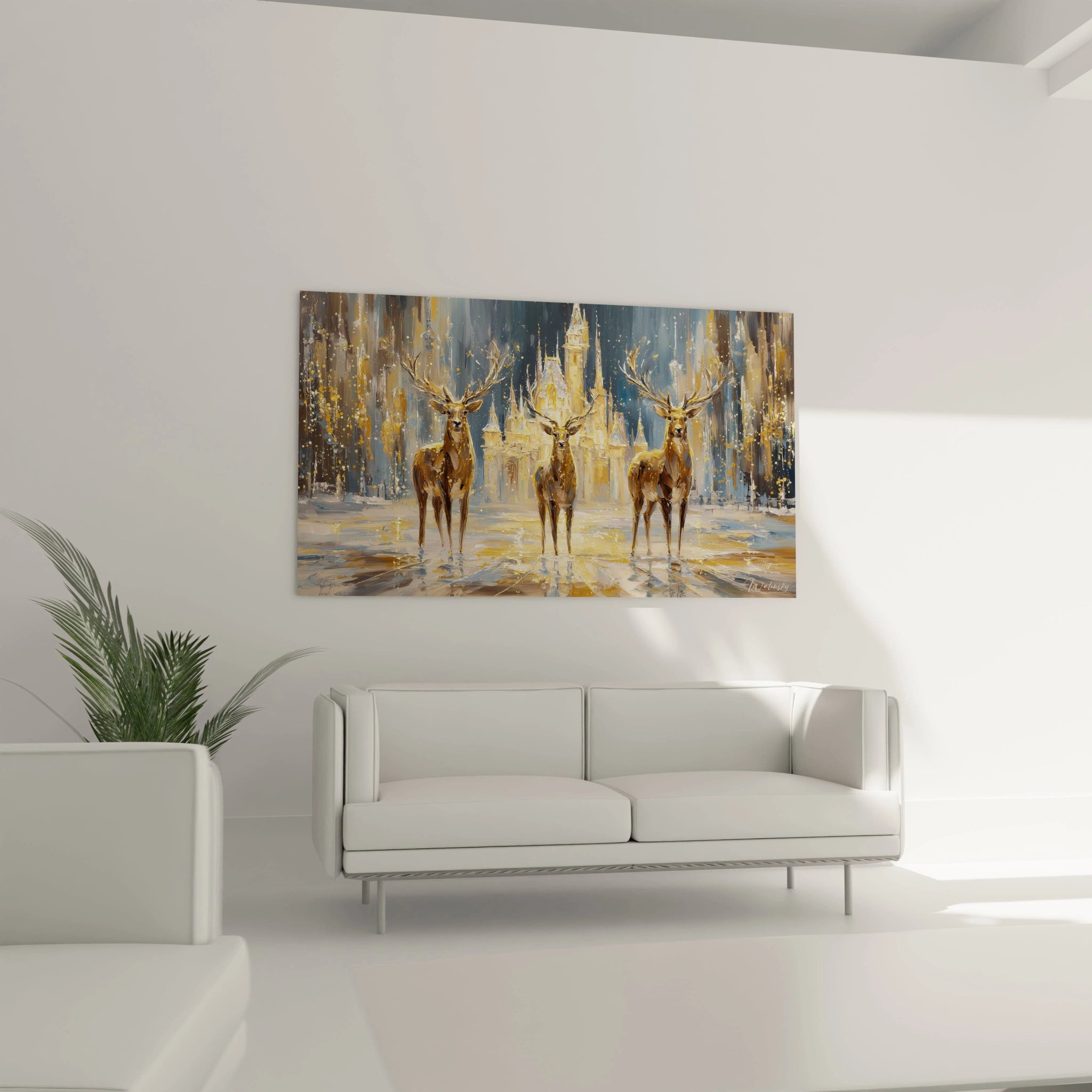 Tableau cerf Noël lumineux représentant des cerfs dorés dans un décor hivernal élégant