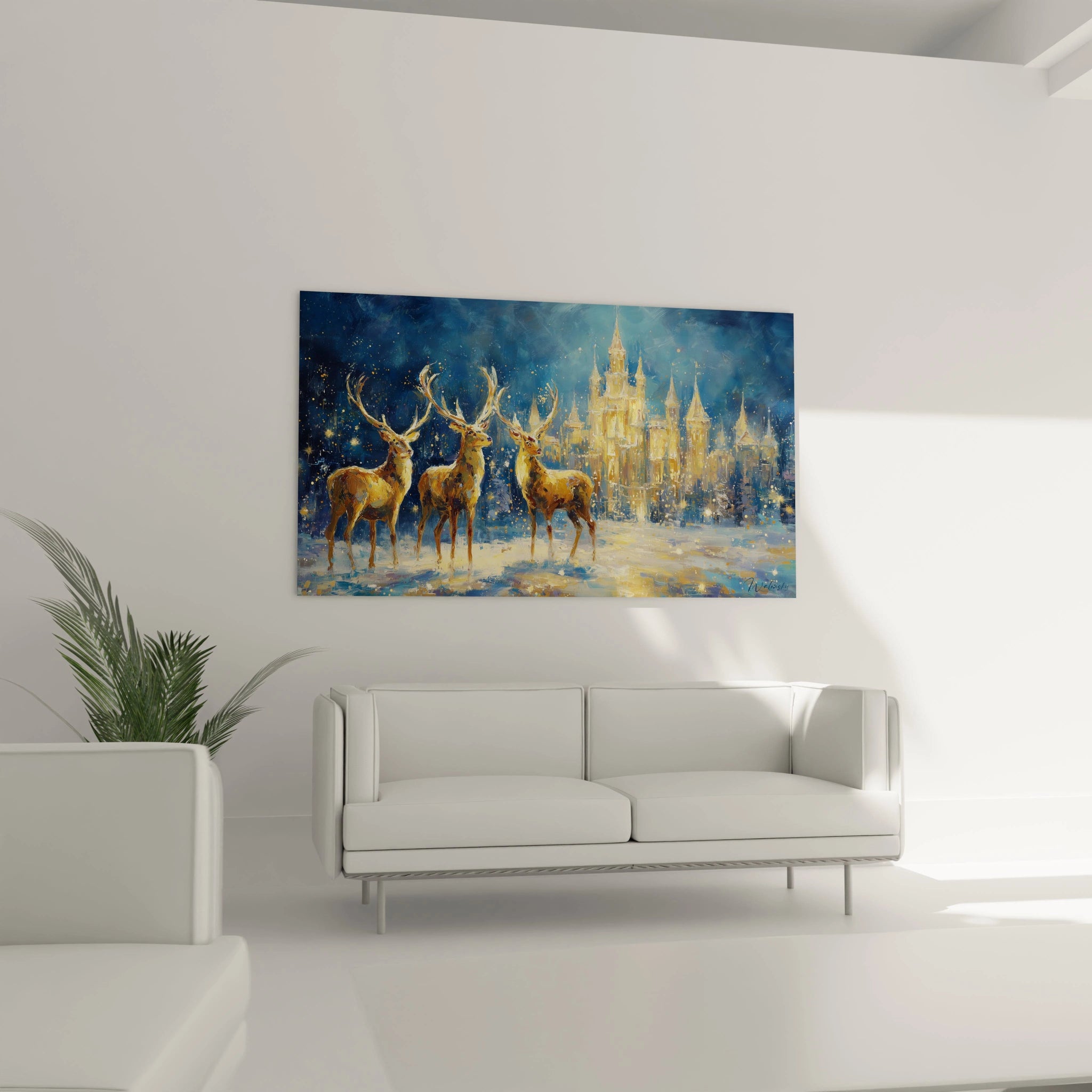 Tableau cerfs édition Noël avec un paysage hivernal et un château en arrière-plan