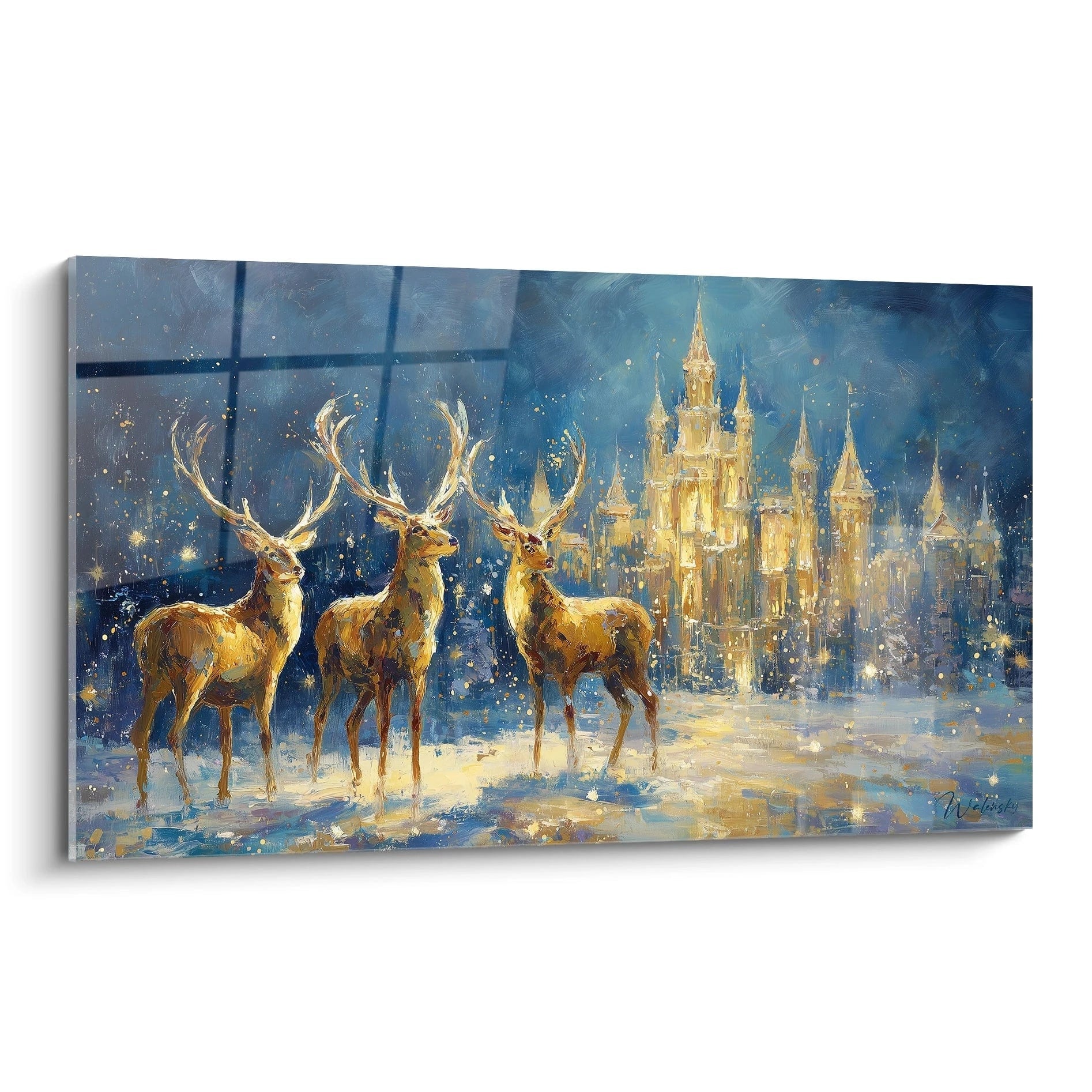 Tableau cerfs édition Noël, peinture murale avec trois cerfs devant un château scintillant en hiver