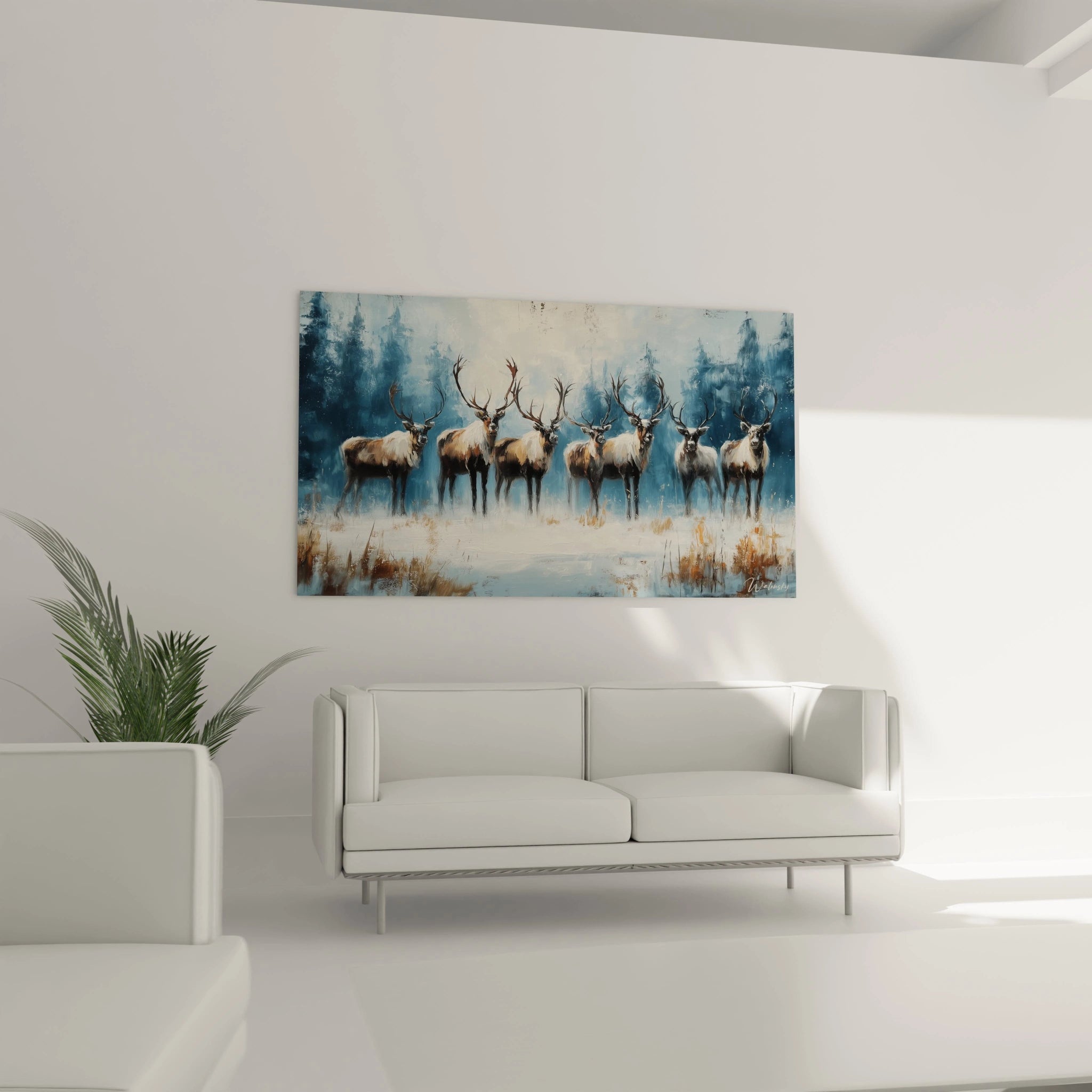 Tableau mural cerfs magique Noël de Walensky avec un paysage enneigé et des cerfs majestueux