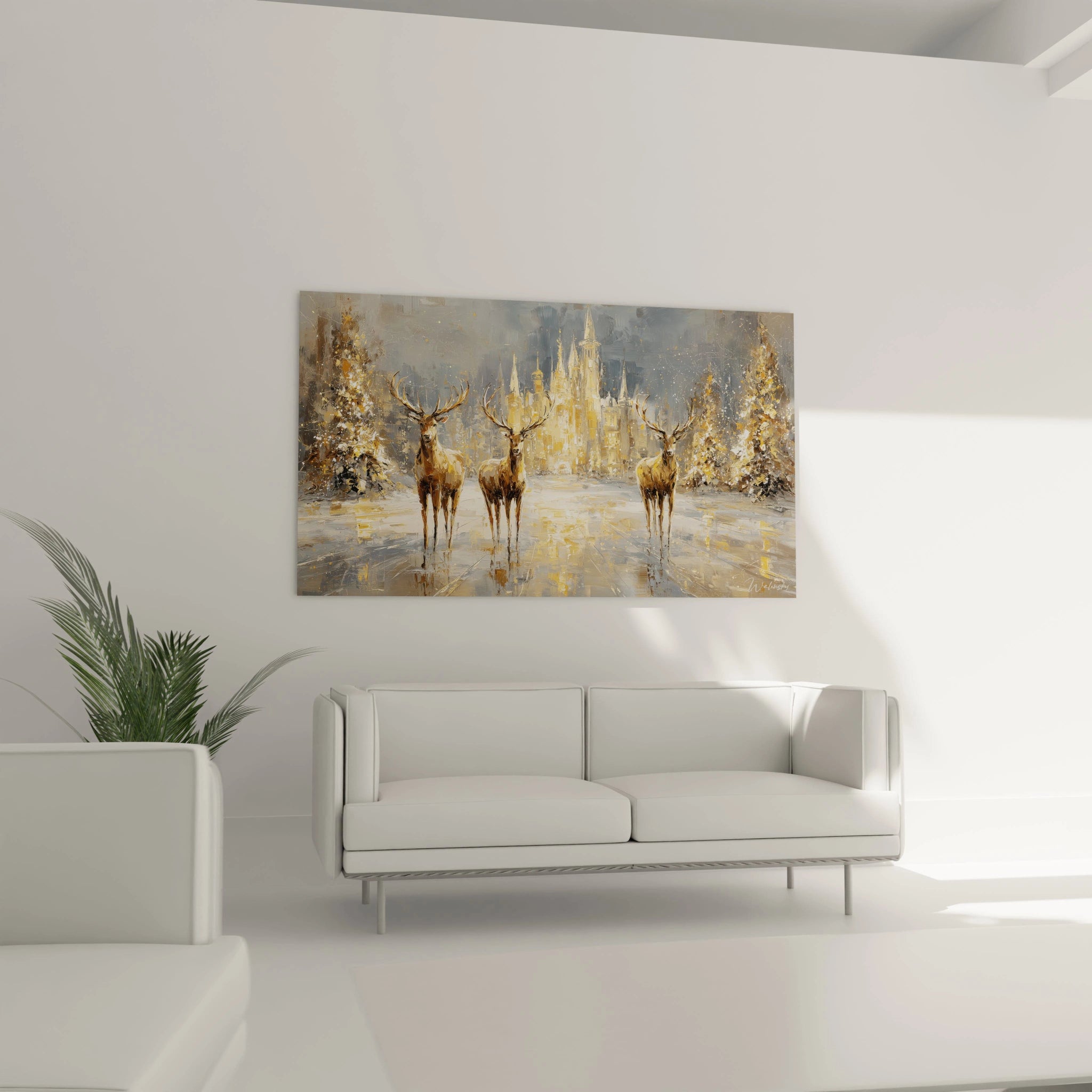Tableau cerfs décoration Noël avec paysages enneigés et arbres dorés, parfait pour embellir votre intérieur