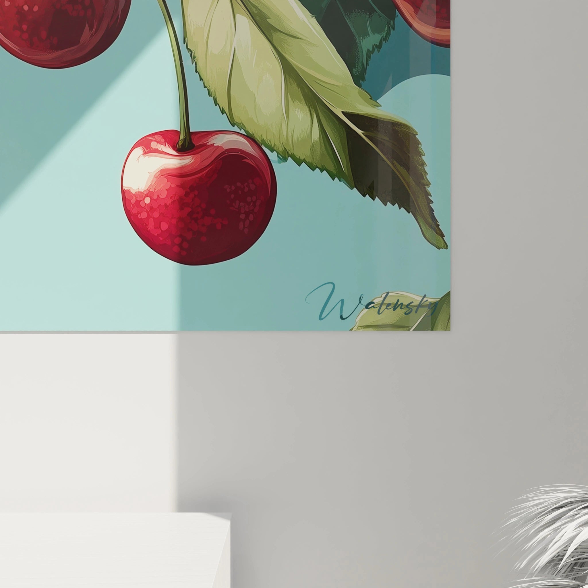 Un tableau cerise affichant des cerises réalistes au ton rouge intense, avec une surface lisse et brillante, des feuilles aux reliefs marqués et un fond bleu doux sans texture apparente.