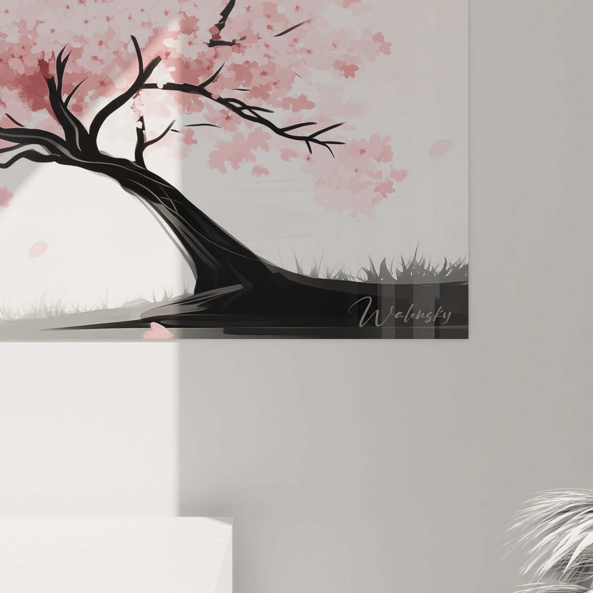 Un tableau paysage zen présentant un cerisier solitaire aux lignes élégantes, avec ses fleurs roses délicates contrastant avec le noir profond du tronc. L'espace blanc dominant et les pétales volants évoquent la beauté éphémère du printemps.