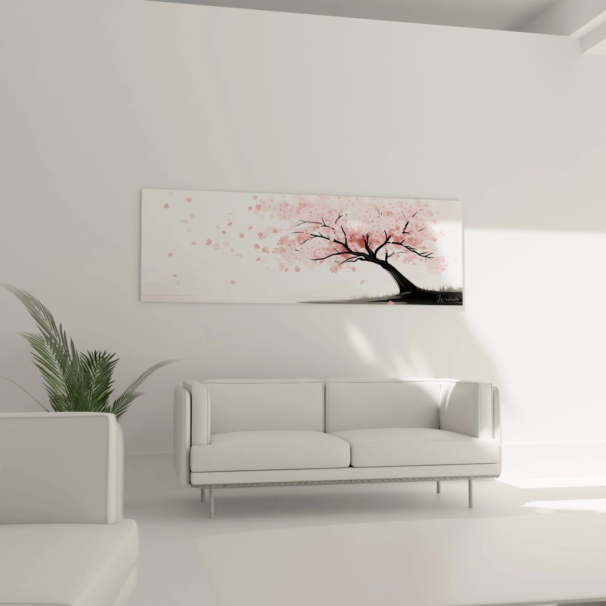 Un tableau paysage de style asiatique illustrant un cerisier en pleine floraison avec ses branches noires élancées et ses fleurs roses vibrantes. Les pétales dispersés par le vent créent un effet de mouvement dynamique sur le fond blanc lumineux.