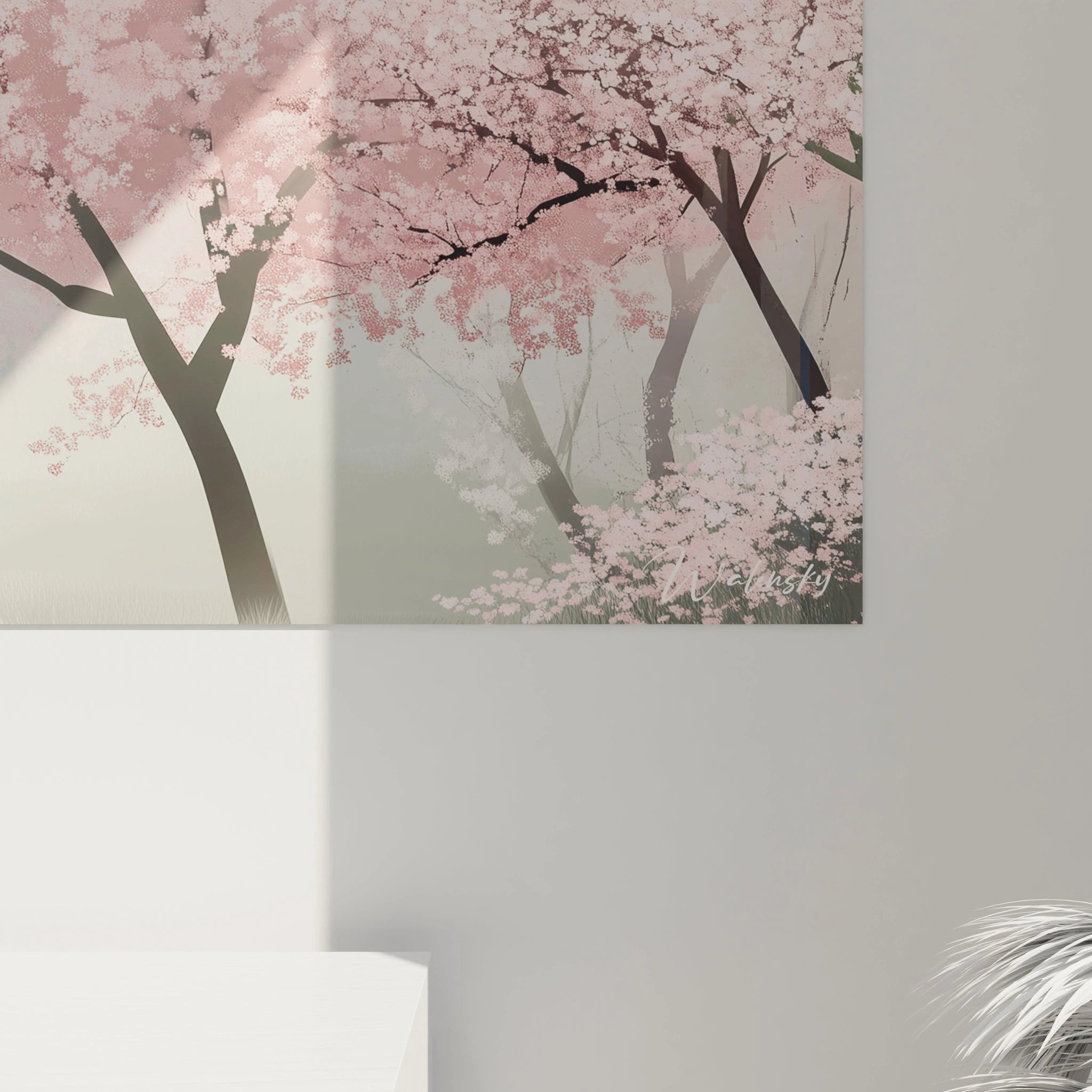 Tableau forêt Walensky avec arbres en fleurs rose pastel pour décoration murale