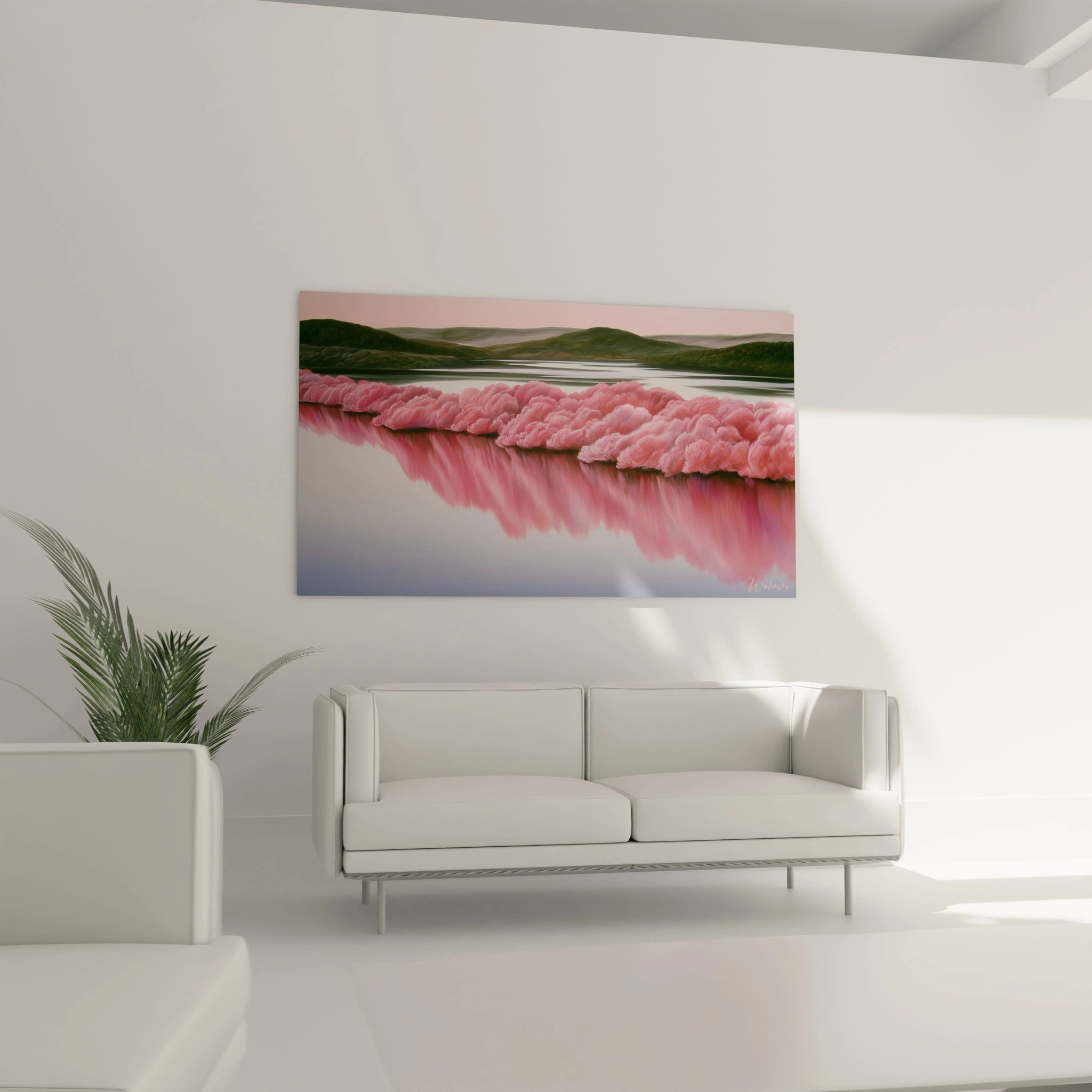 Walensky tableau cerisiers reflets roses paysage mural rose et vert reflet sur eau suspendu au dessus de un canape blanc