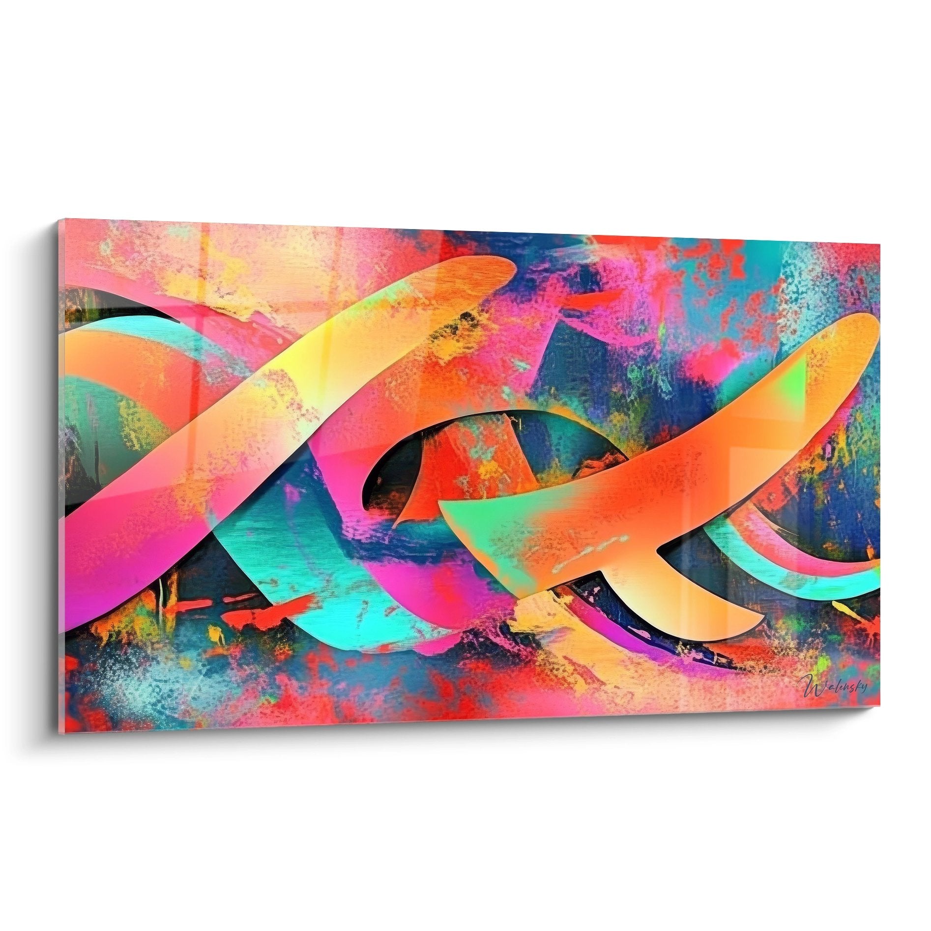 Tableau mural abstrait chaînes entrelacées colorées orange rose turquoise