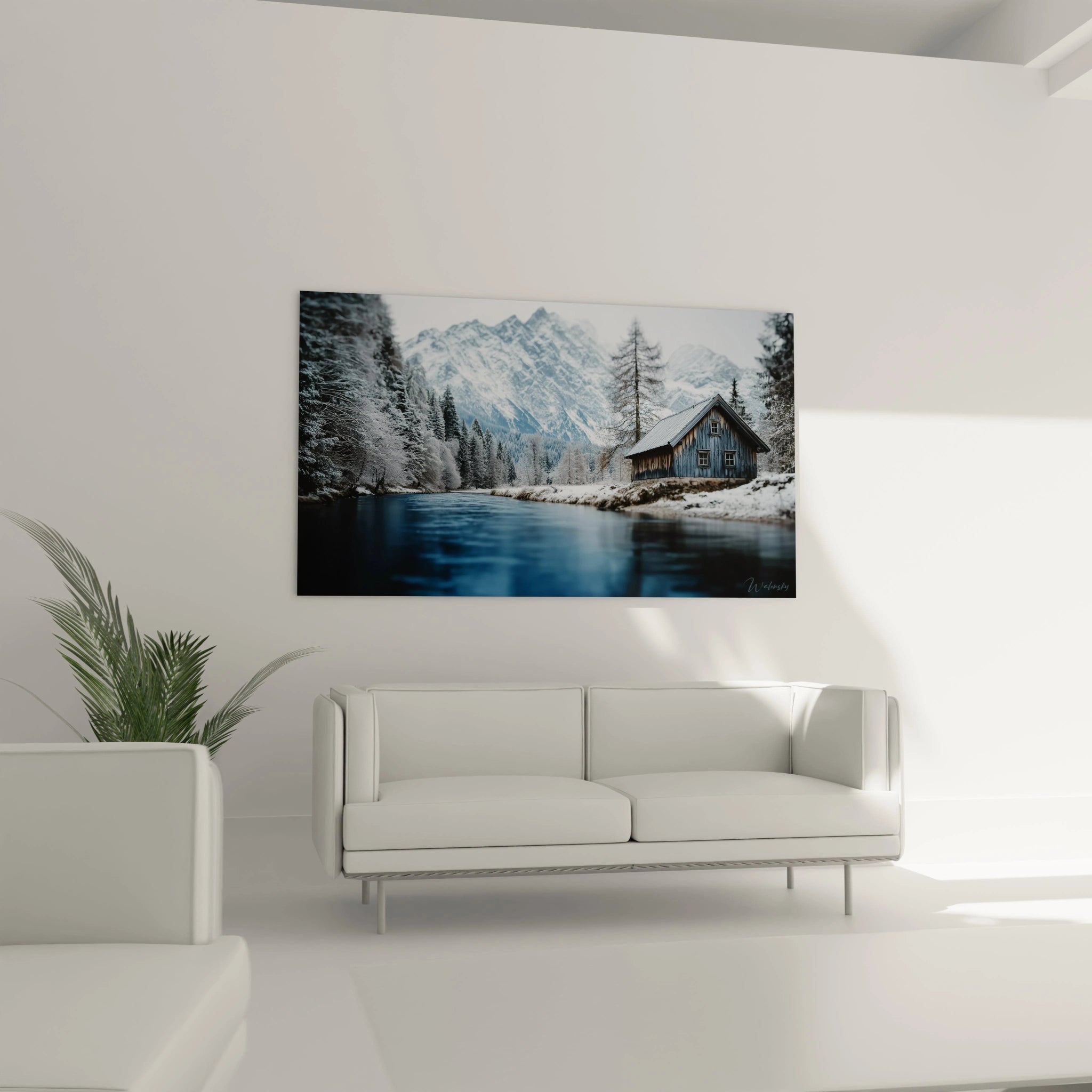 Tableau mural Walensky tableau chalet hivernal montrant un chalet enneigé au bord du lac et montagnes