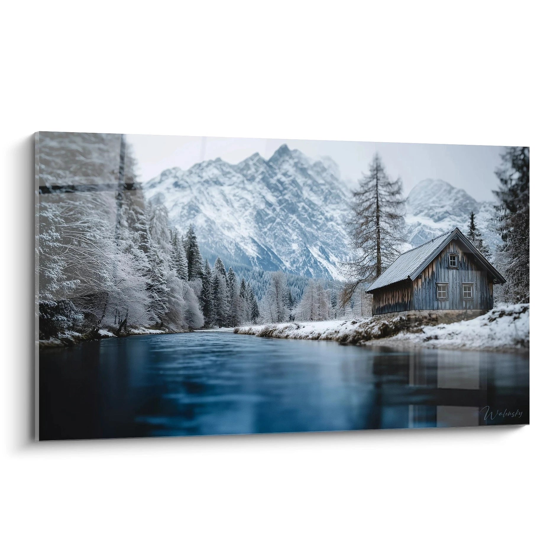 Tableau mural Walensky tableau chalet hivernal cabane en bois au bord d une riviere gelee arbres enneiges et montagnes
