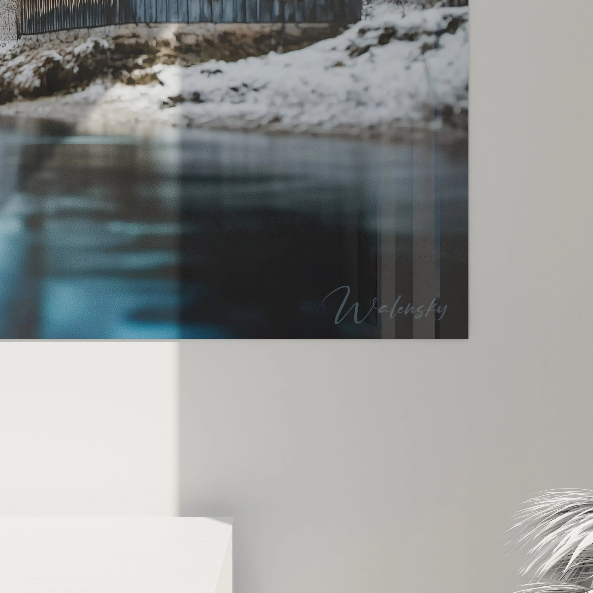 tableau chalet hivernal Walensky montrant un chalet enneigé au bord de l eau avec reflet tableau mural décoratif