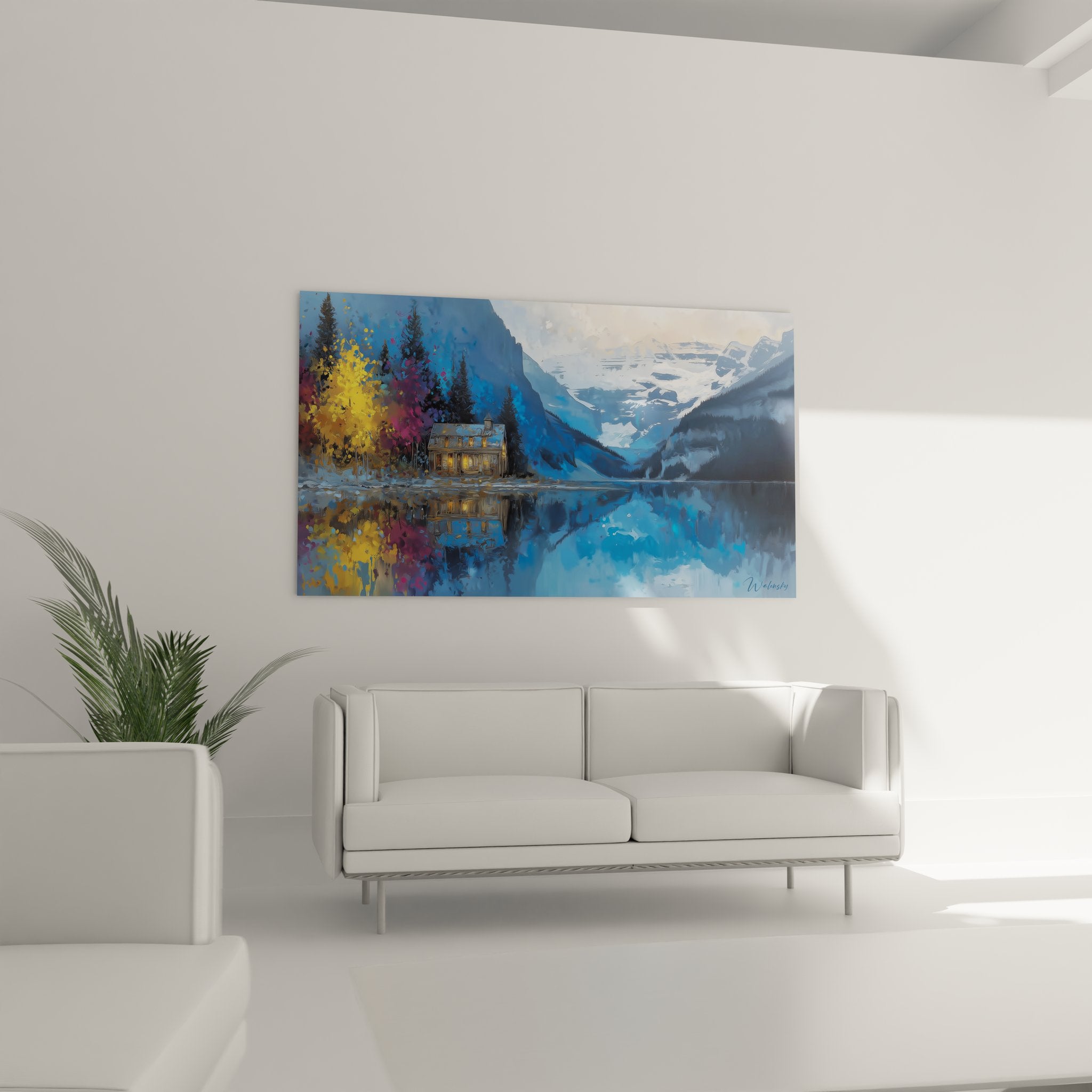 Détail tableau chalet illuminé bord lac avec feuillages dorés automne montagne