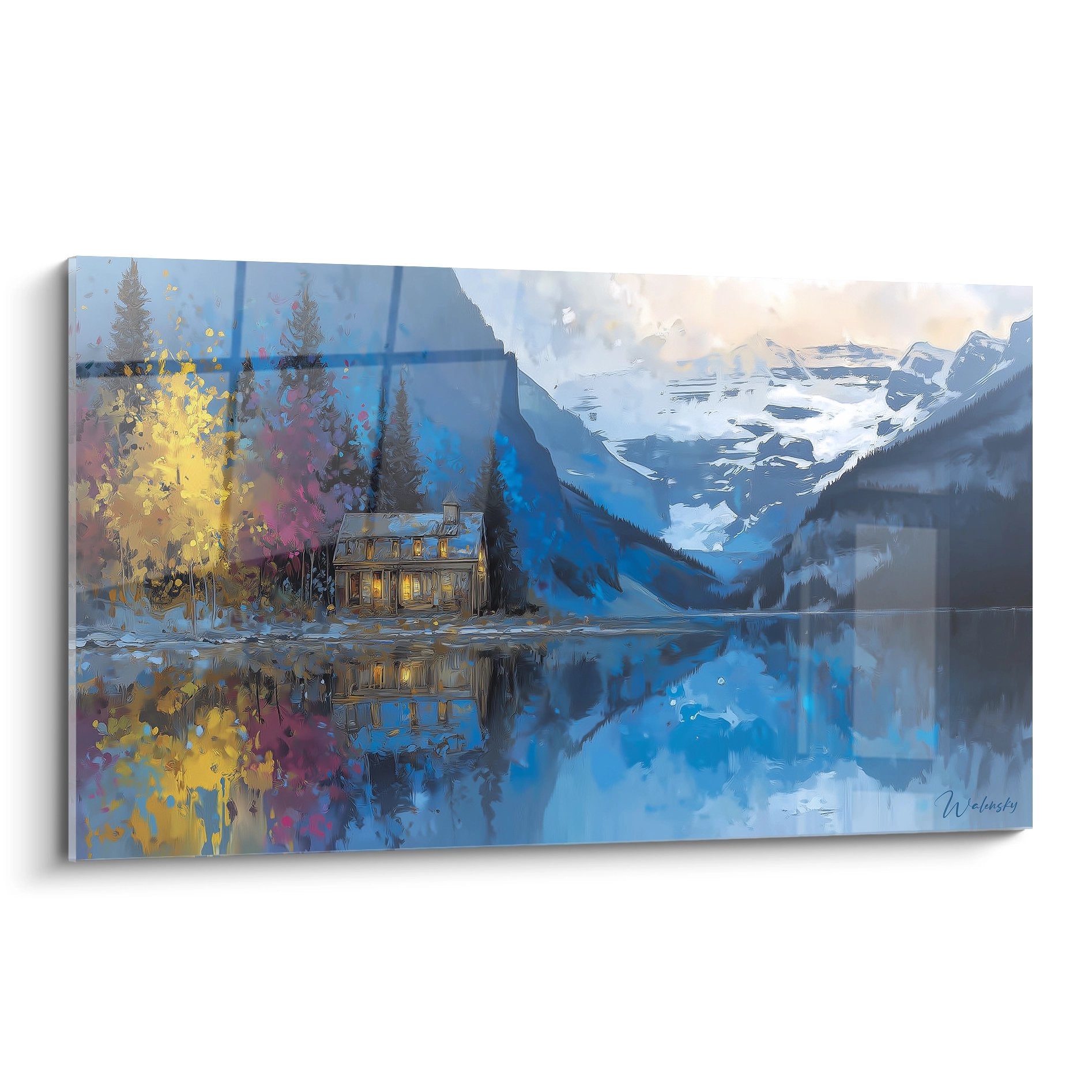 Tableau mural chalet au bord lac montagne automne avec reflets dorés et sommets enneigés