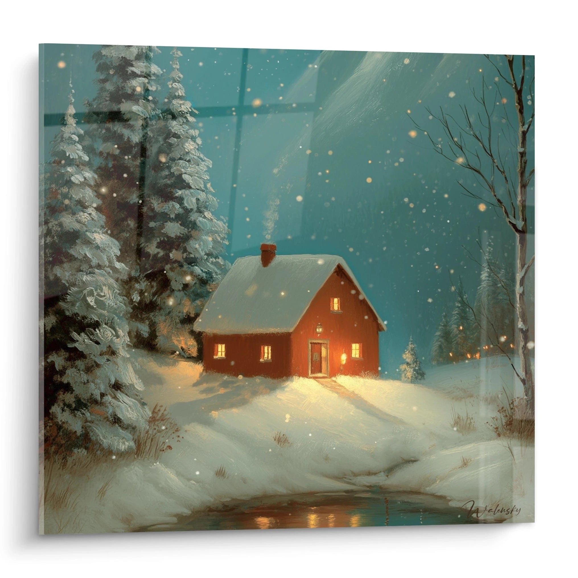 Tableau mural Walensky d un chalet rouge enneigé aux fenêtres éclairées se reflétant dans l eau tableau chalet hiver lueur ambrée