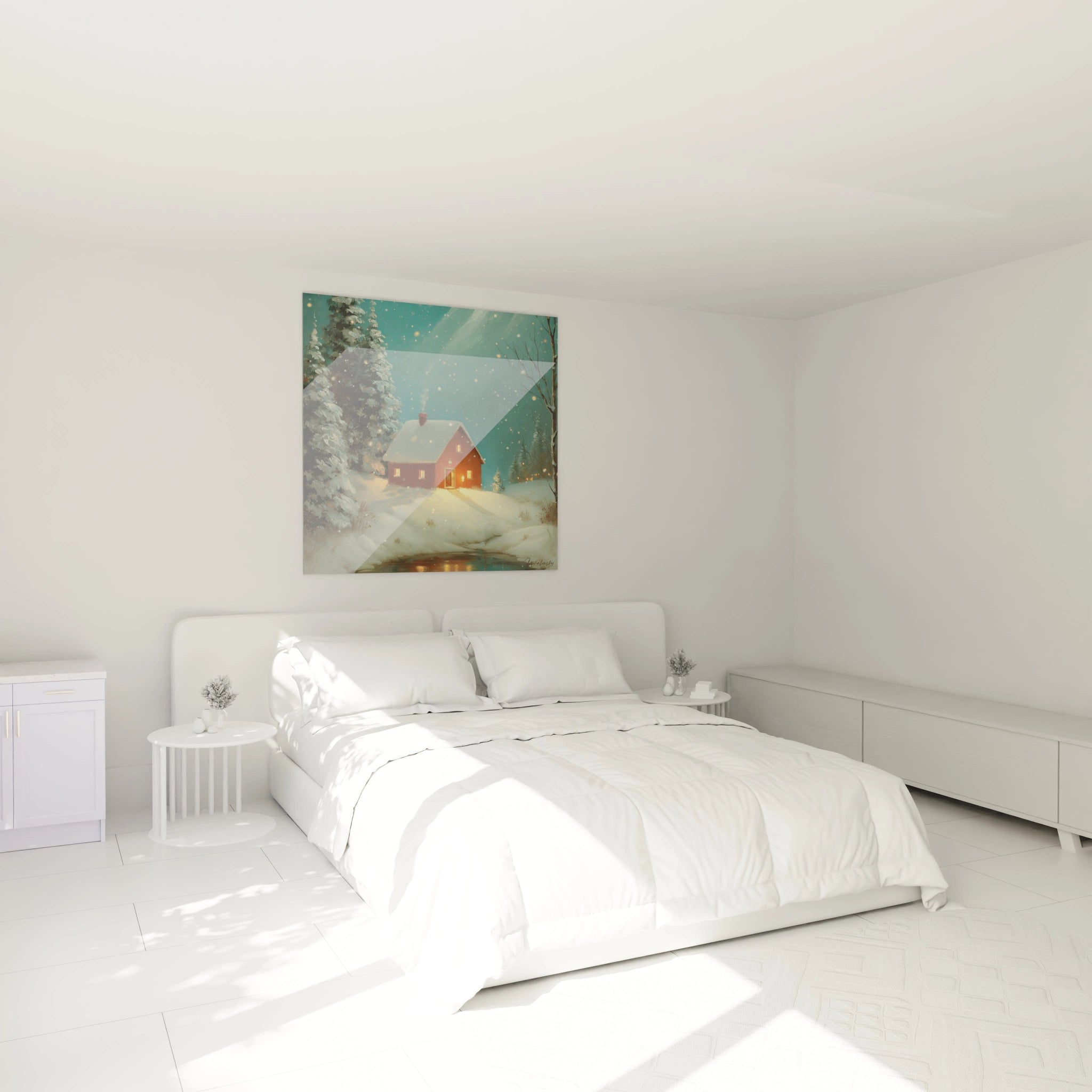 Walensky tableau chalet hiver lueur ambrée au dessus d un lit blanc minimaliste baigné de lumière naturelle