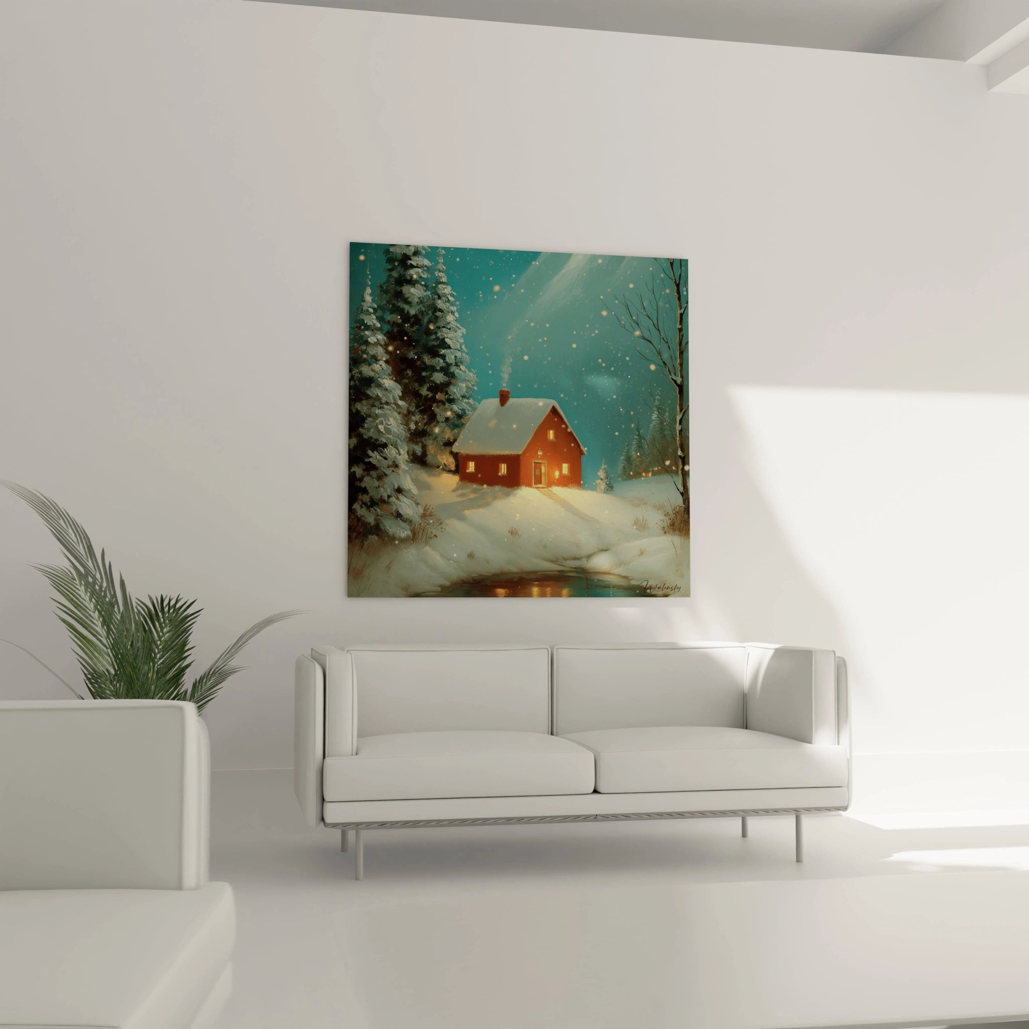 Tableau mural Walensky représentant un chalet enneigé la nuit pins et reflet sur eau tableau chalet hiver lueur ambrée